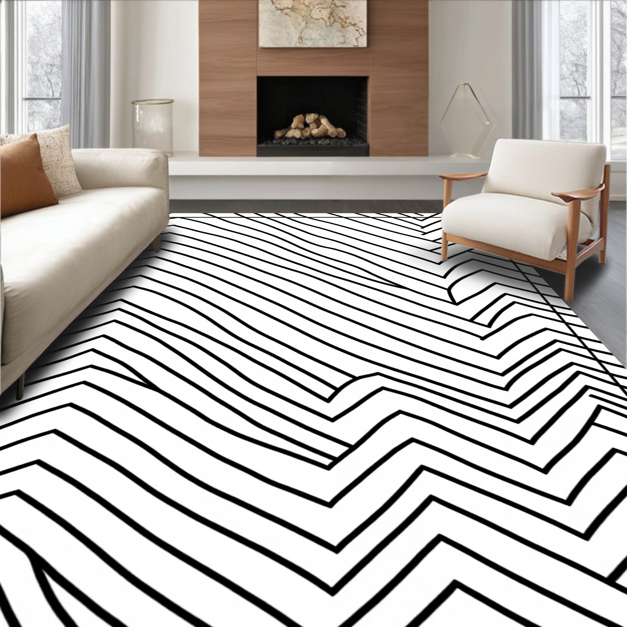 Monoline Wavy Chevron Pattern Design Rug
