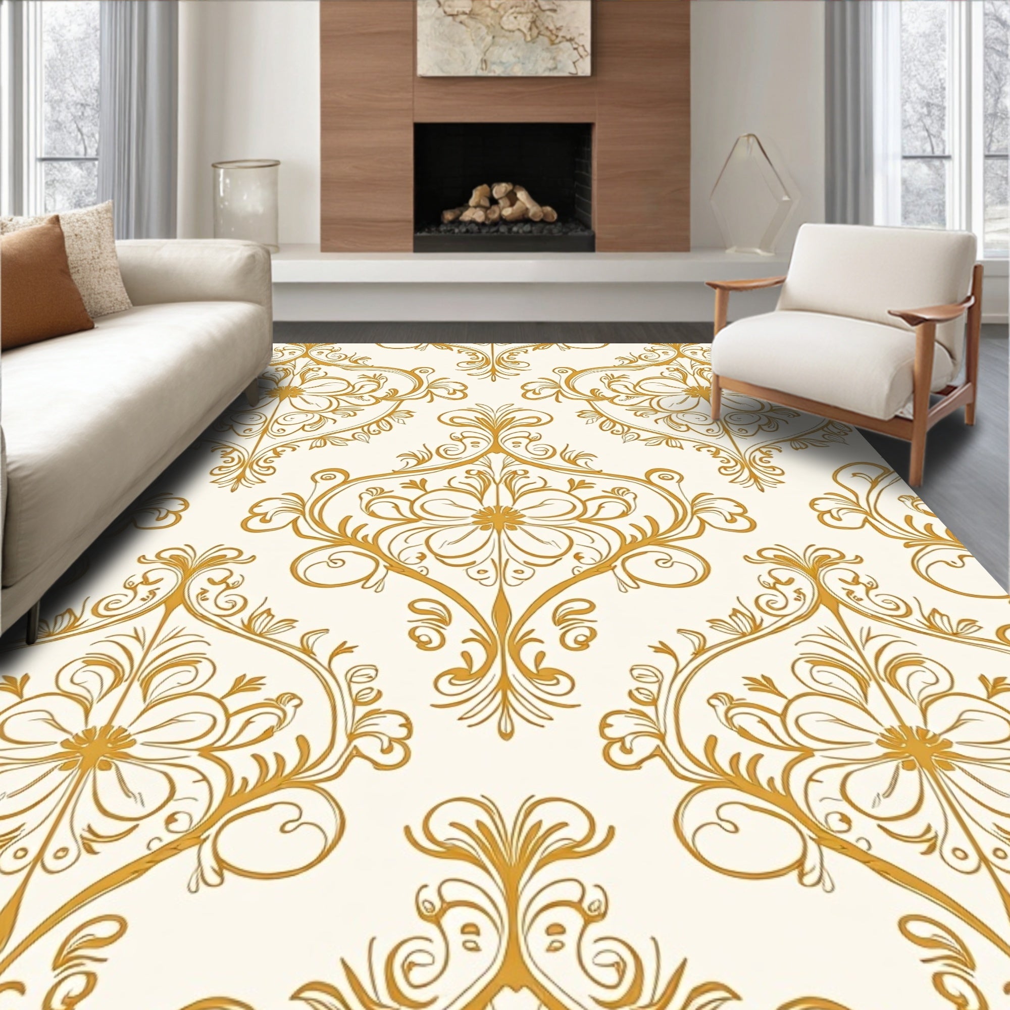 Regal Gold Floral Damask Pattern Rug