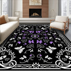 Black Whimsical Butterfly Floral Pattern Rug