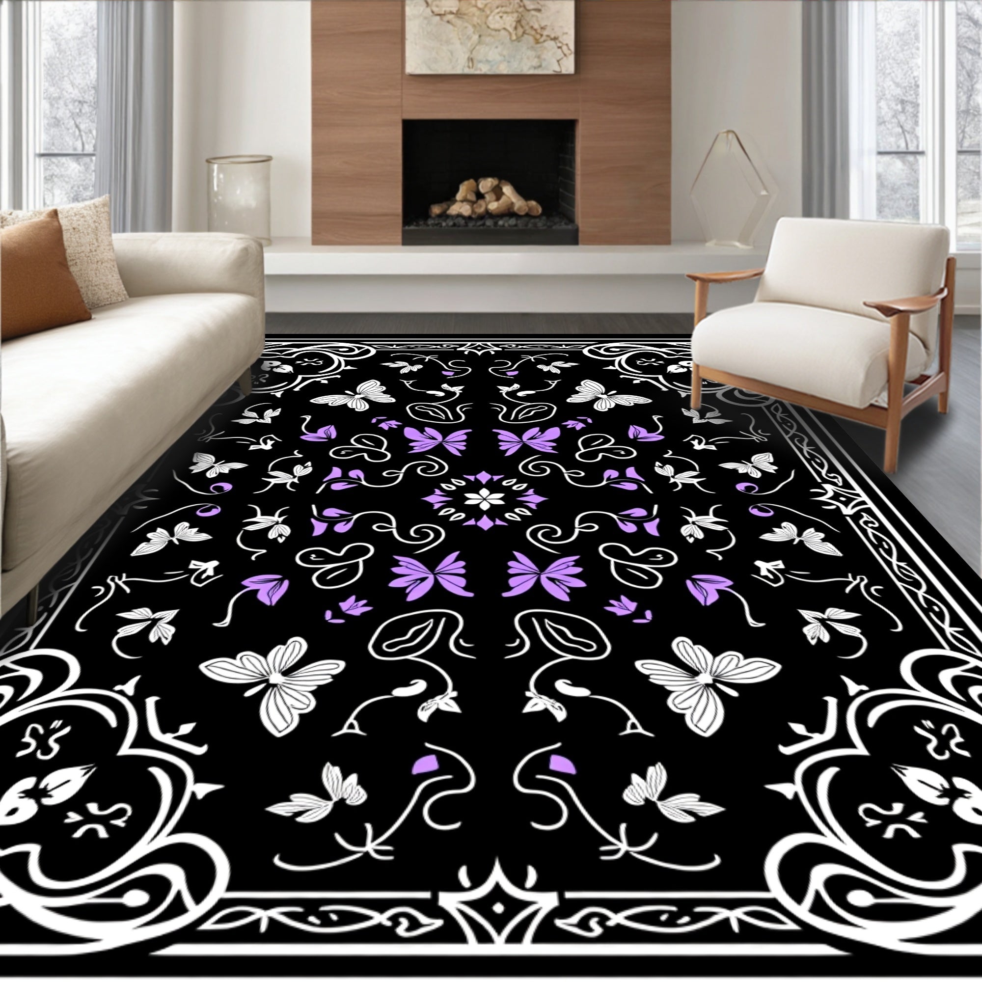 Black Whimsical Butterfly Floral Pattern Rug