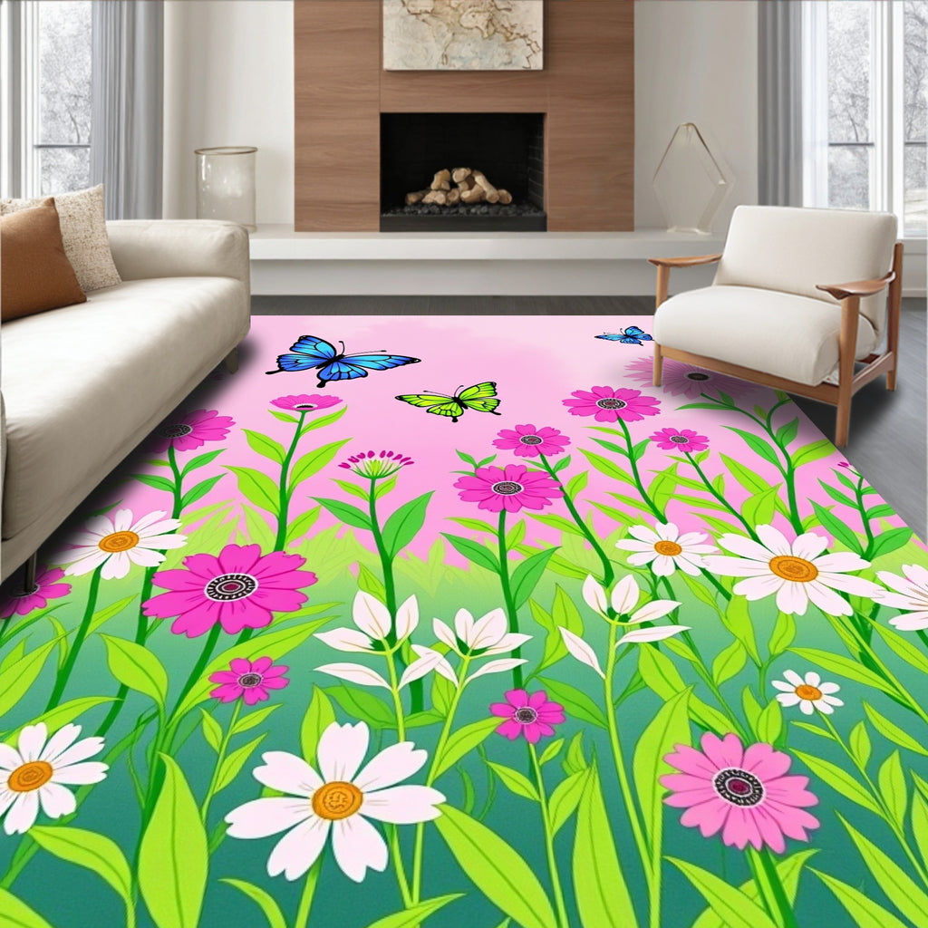 Whimsical Butterfly Floral Meadow Design Rug