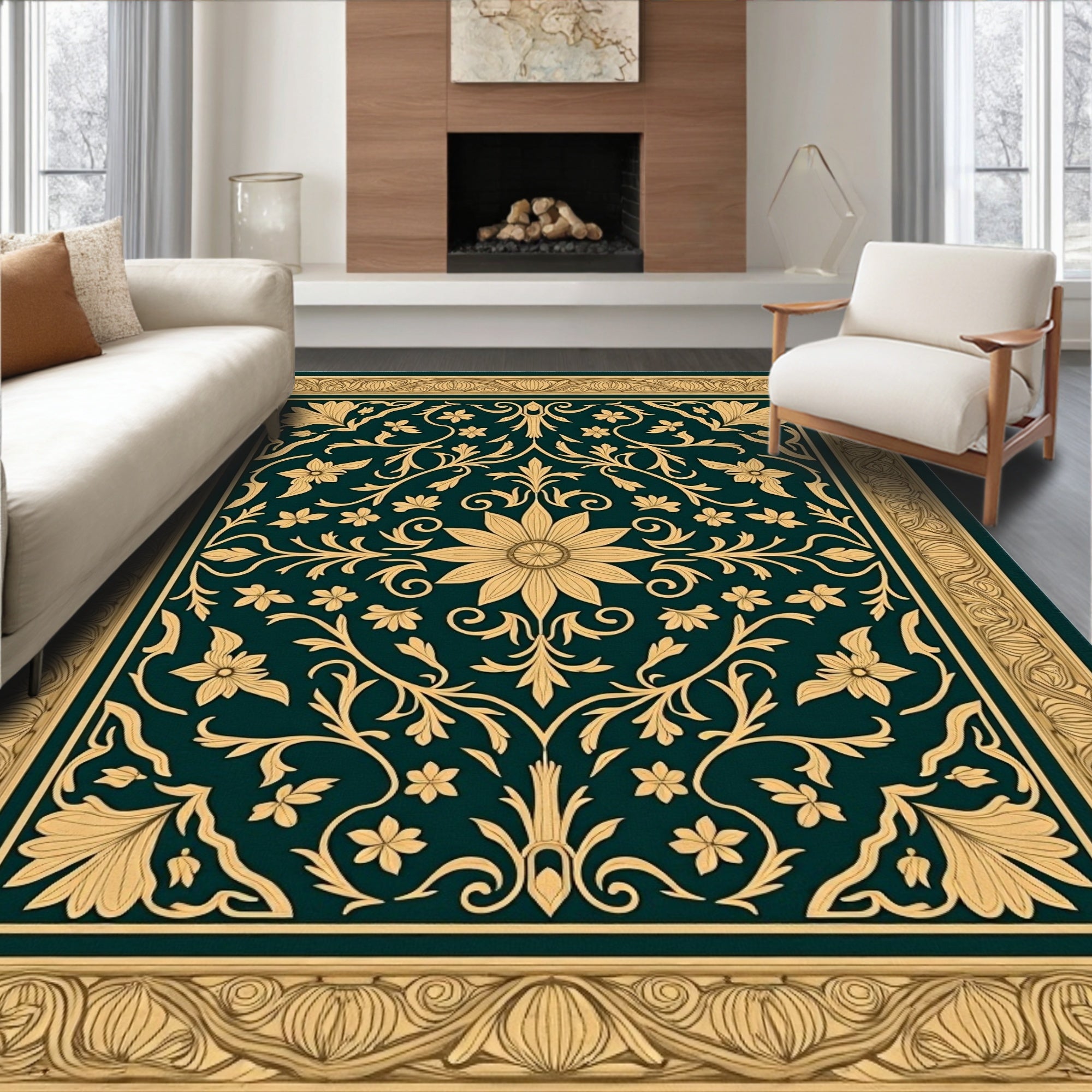 Vintage Floral Patterned Golden Rug