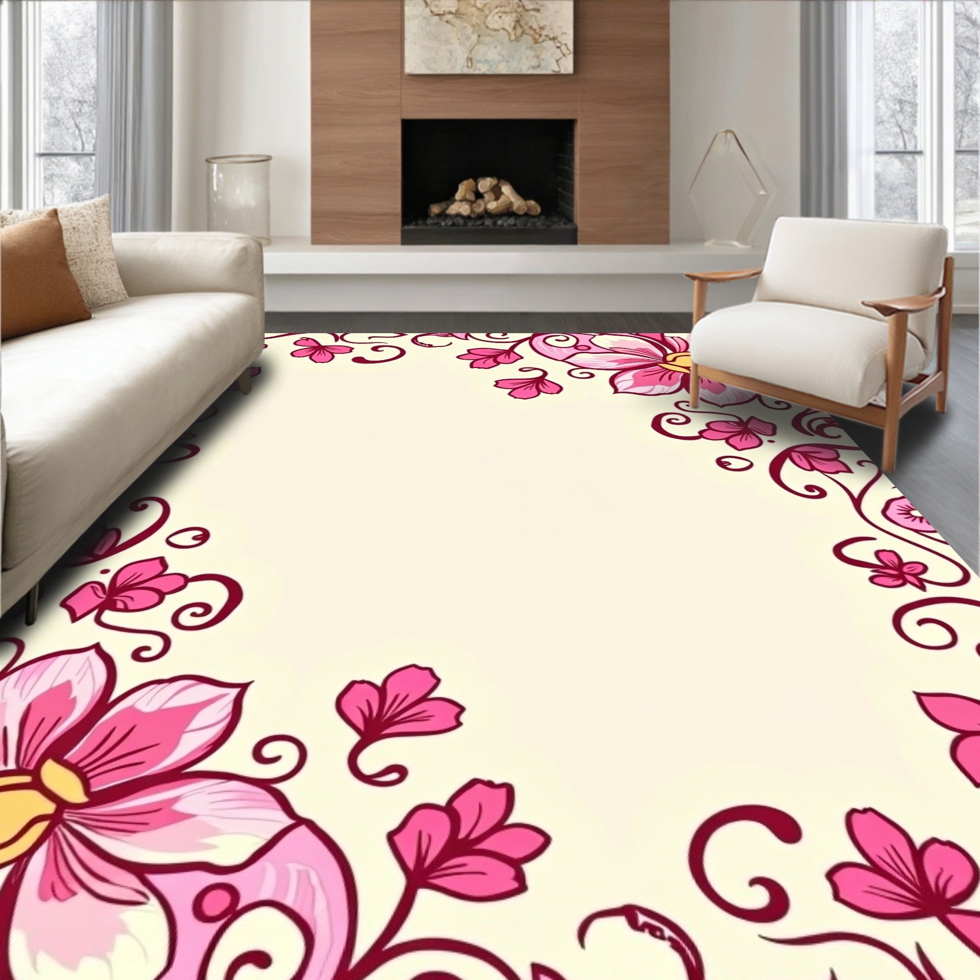 Pretty Pink Floral Vines Design Rug