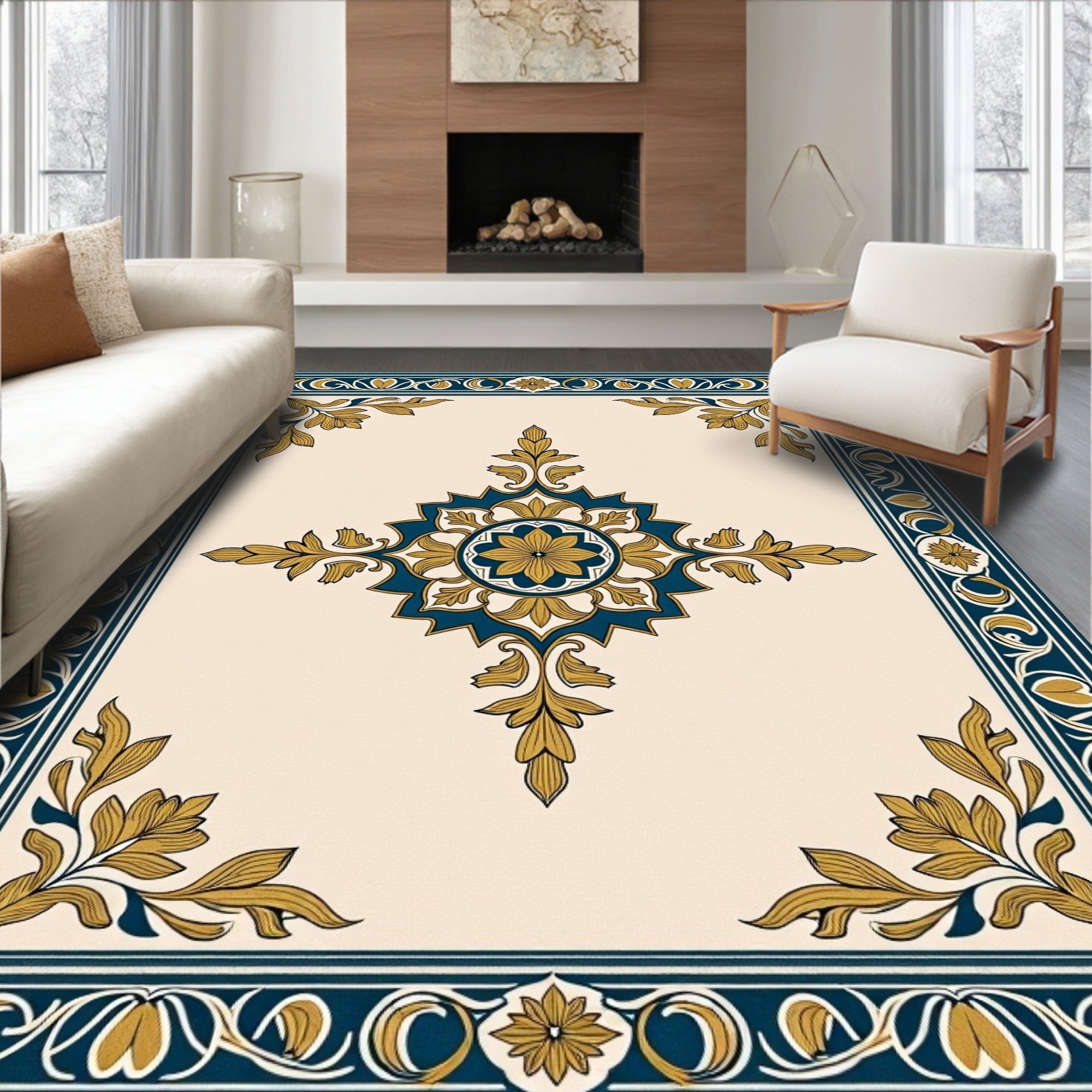 Grand Floral Medallion Blue Gold Rug