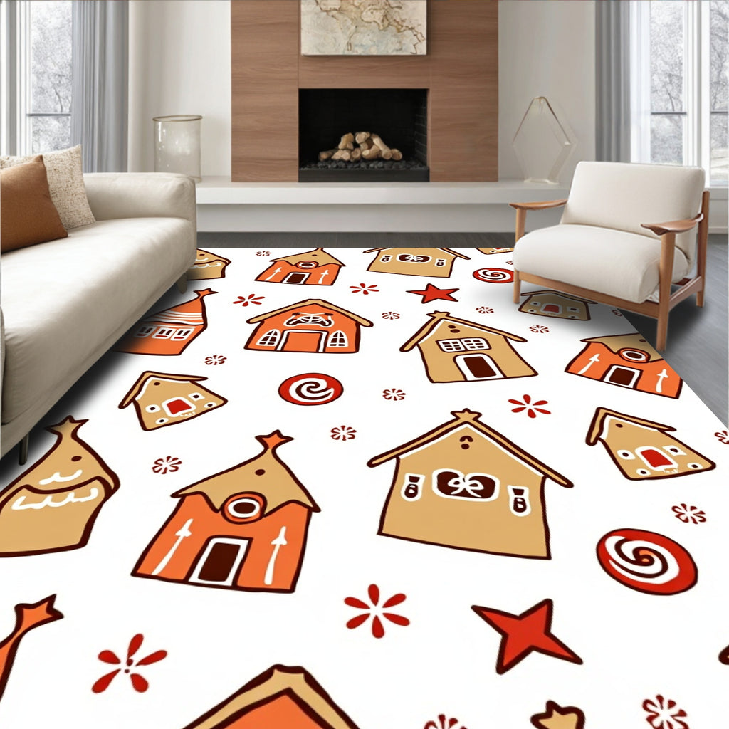 Gingerbread Houses Red Stars Swirls Rug