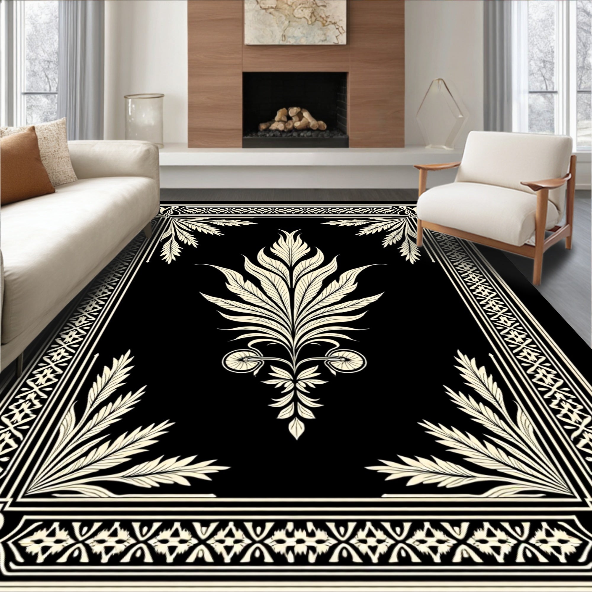 Cream Floral Frame with Centerpiece Rug
