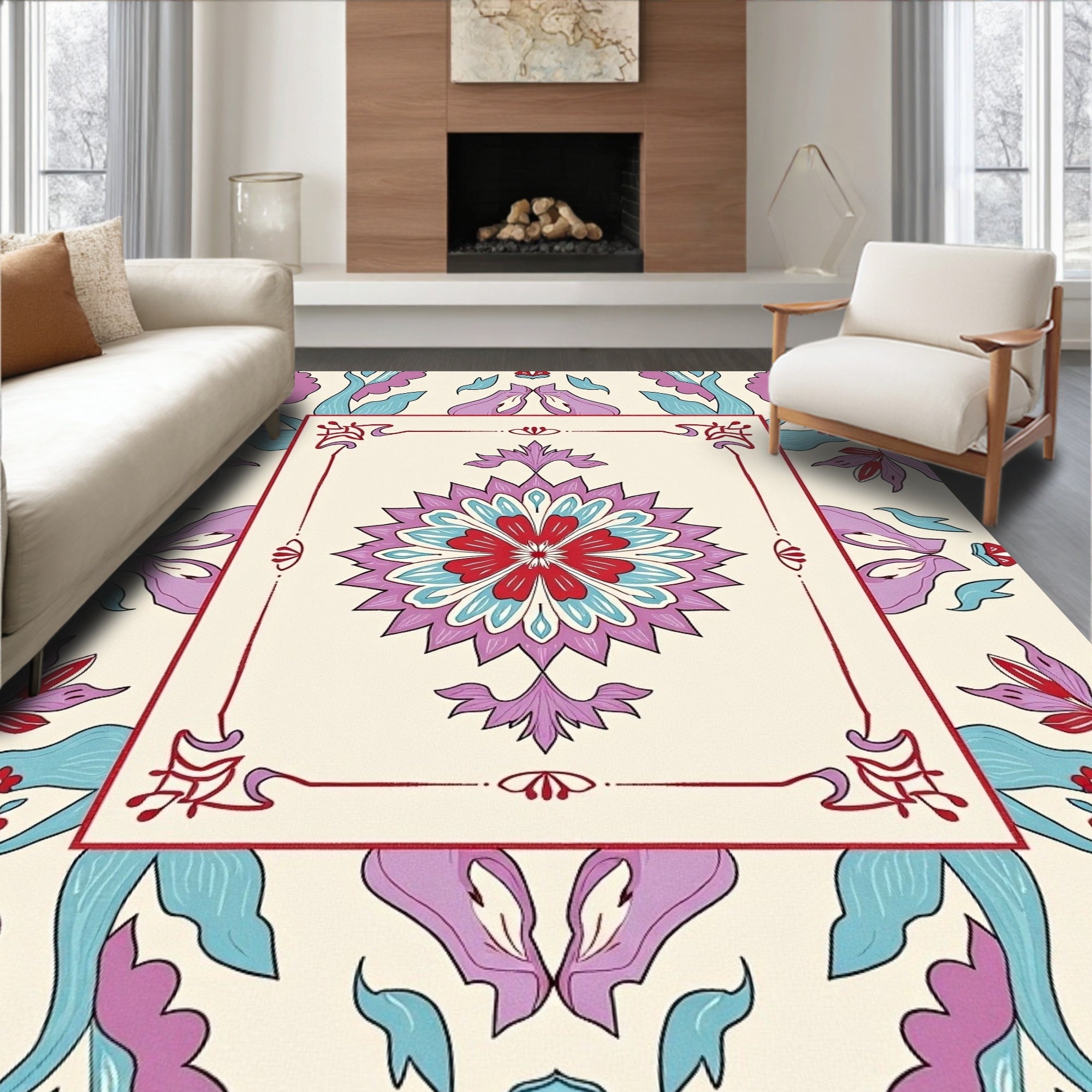Vibrant Floral Medallion Outline Rug