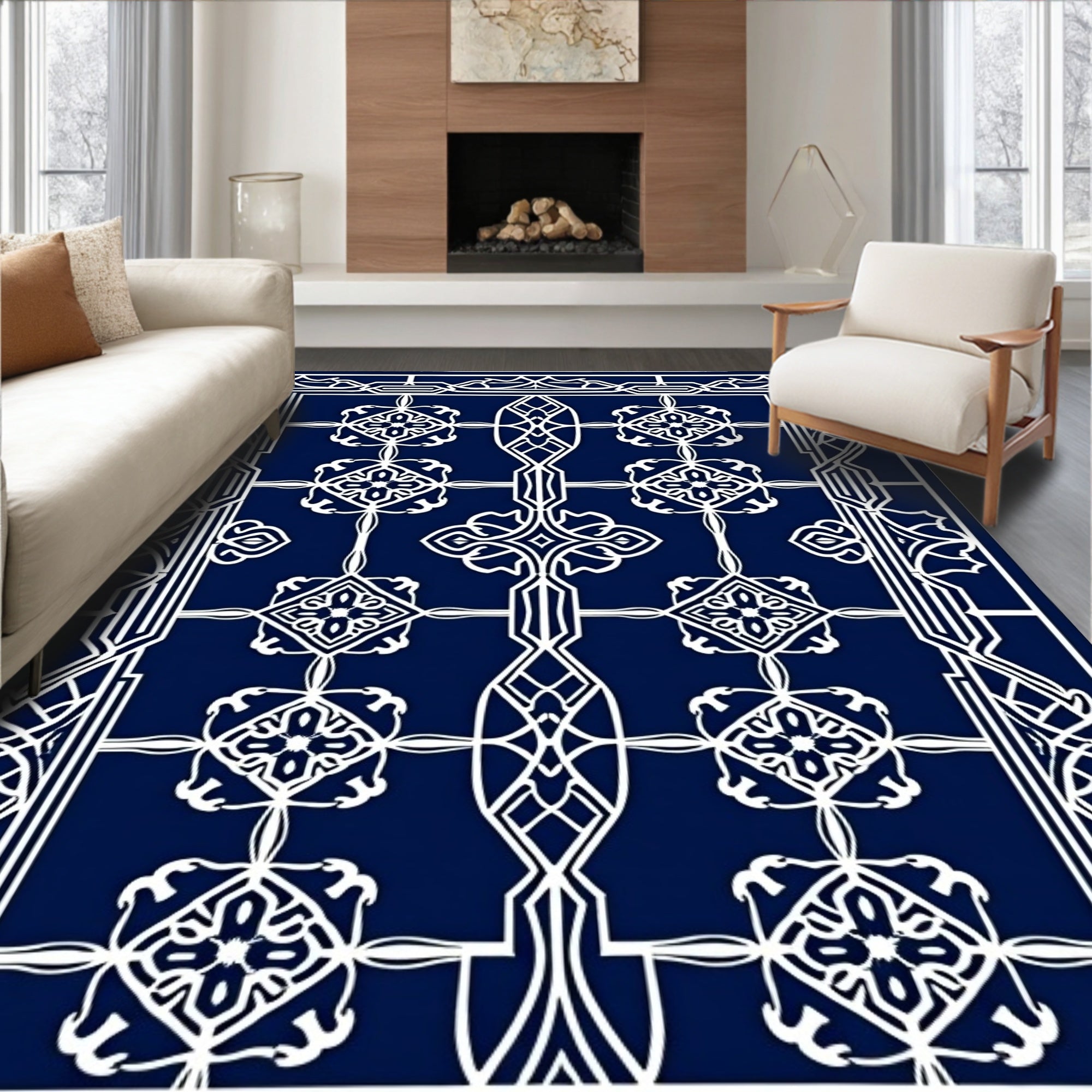 Intricate Lattice Patterned Navy Rug