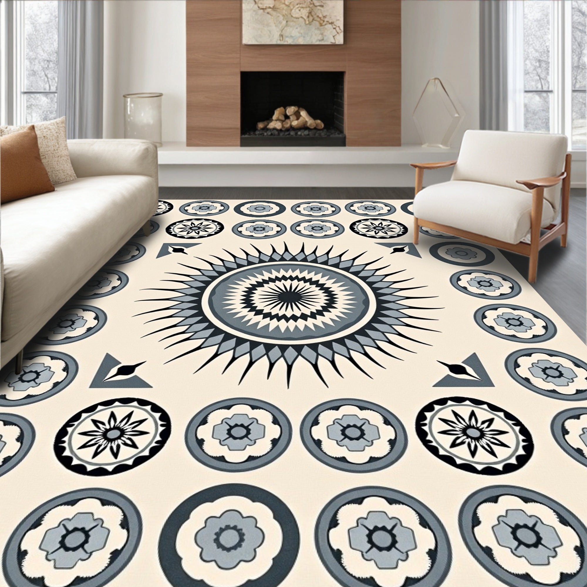 Grey Black Floral Round Pattern Rug