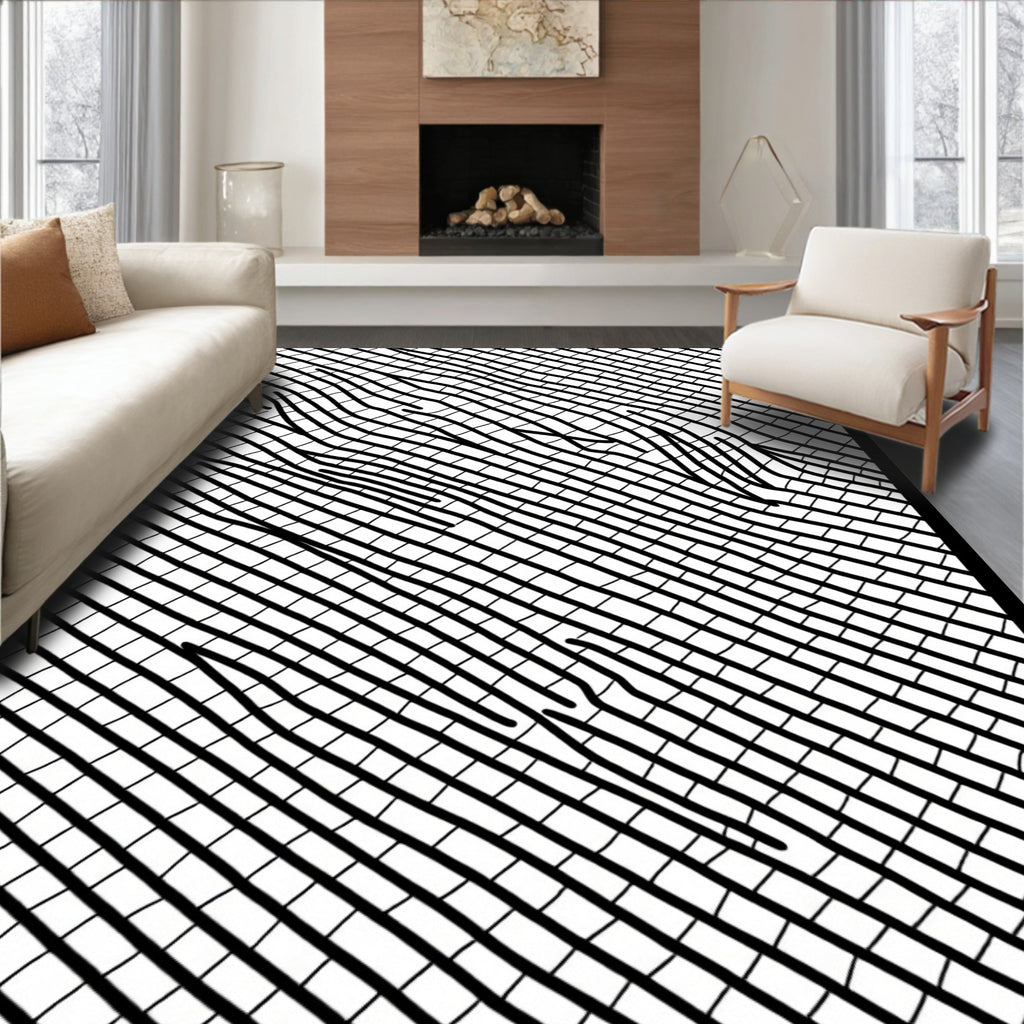 Wavy Grid Abstract Line Art Rug