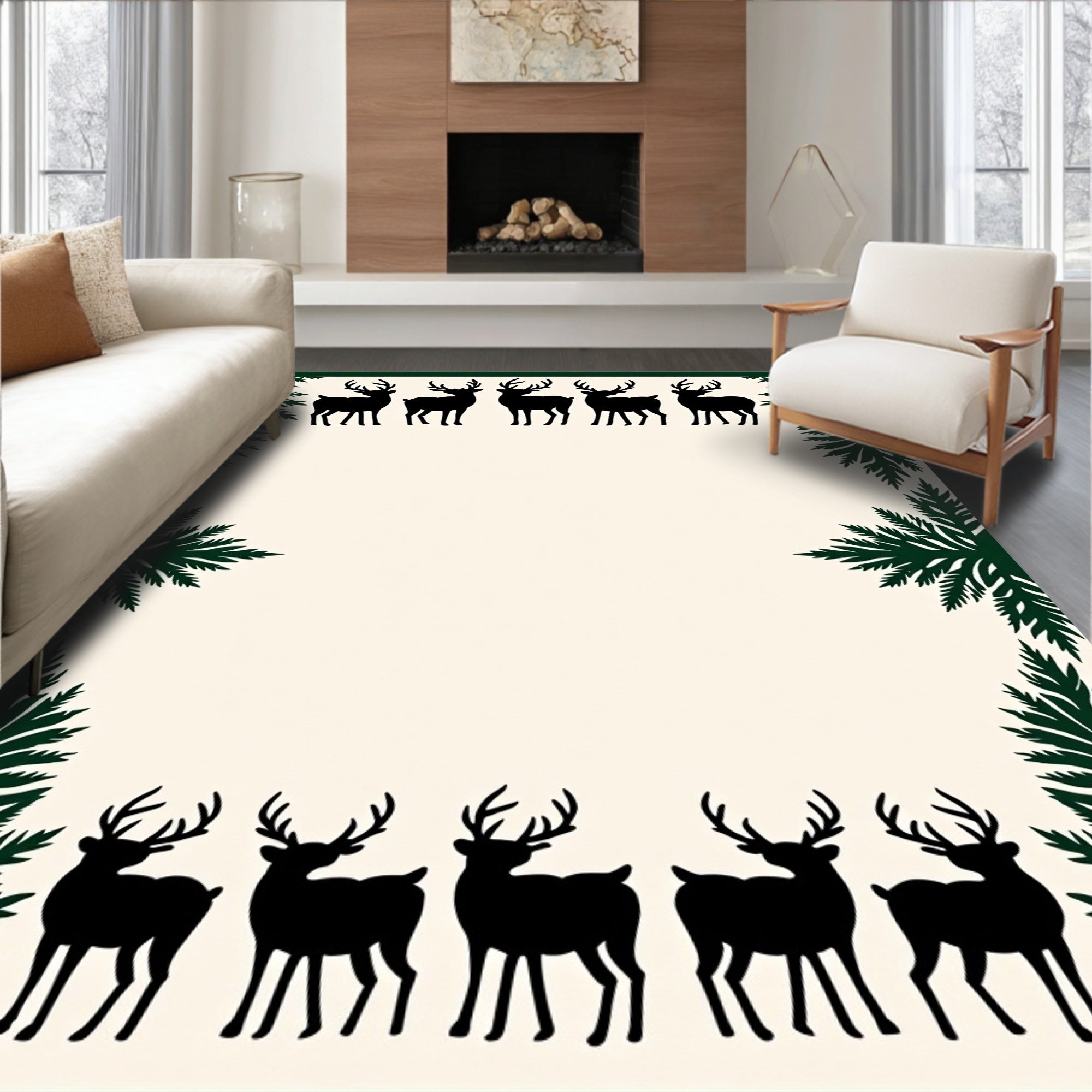 Forest Deer Silhouette Evergreen Border Rug