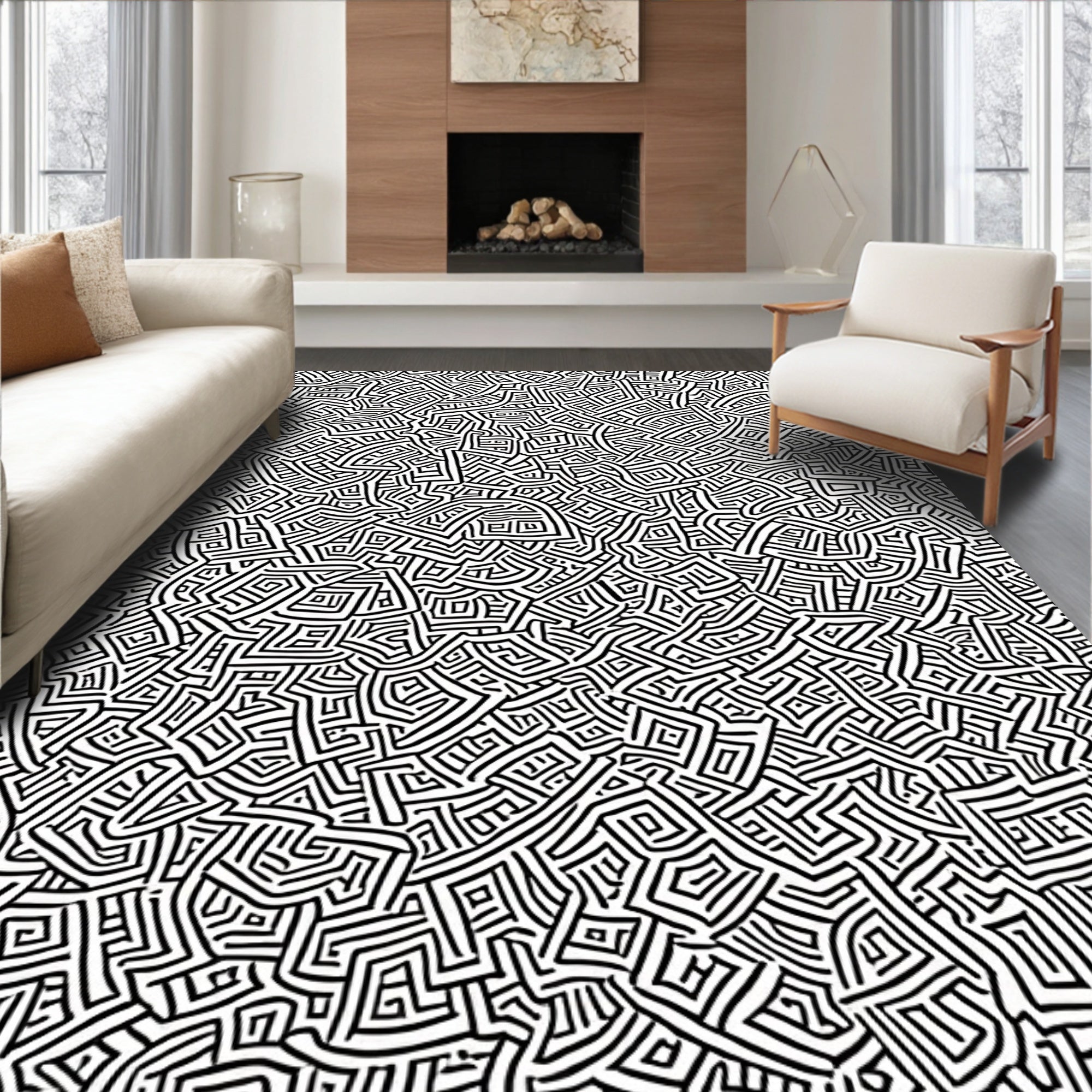 Abstract Black White Maze Pattern Rug
