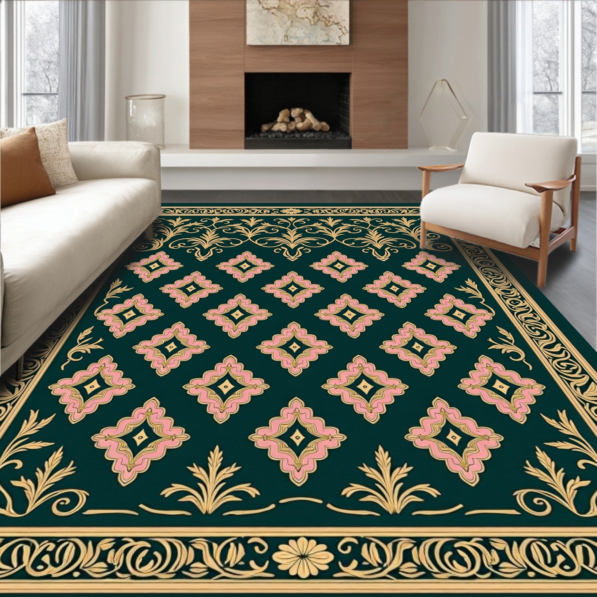 Ornate Floral Pink Diamond Pattern Rug