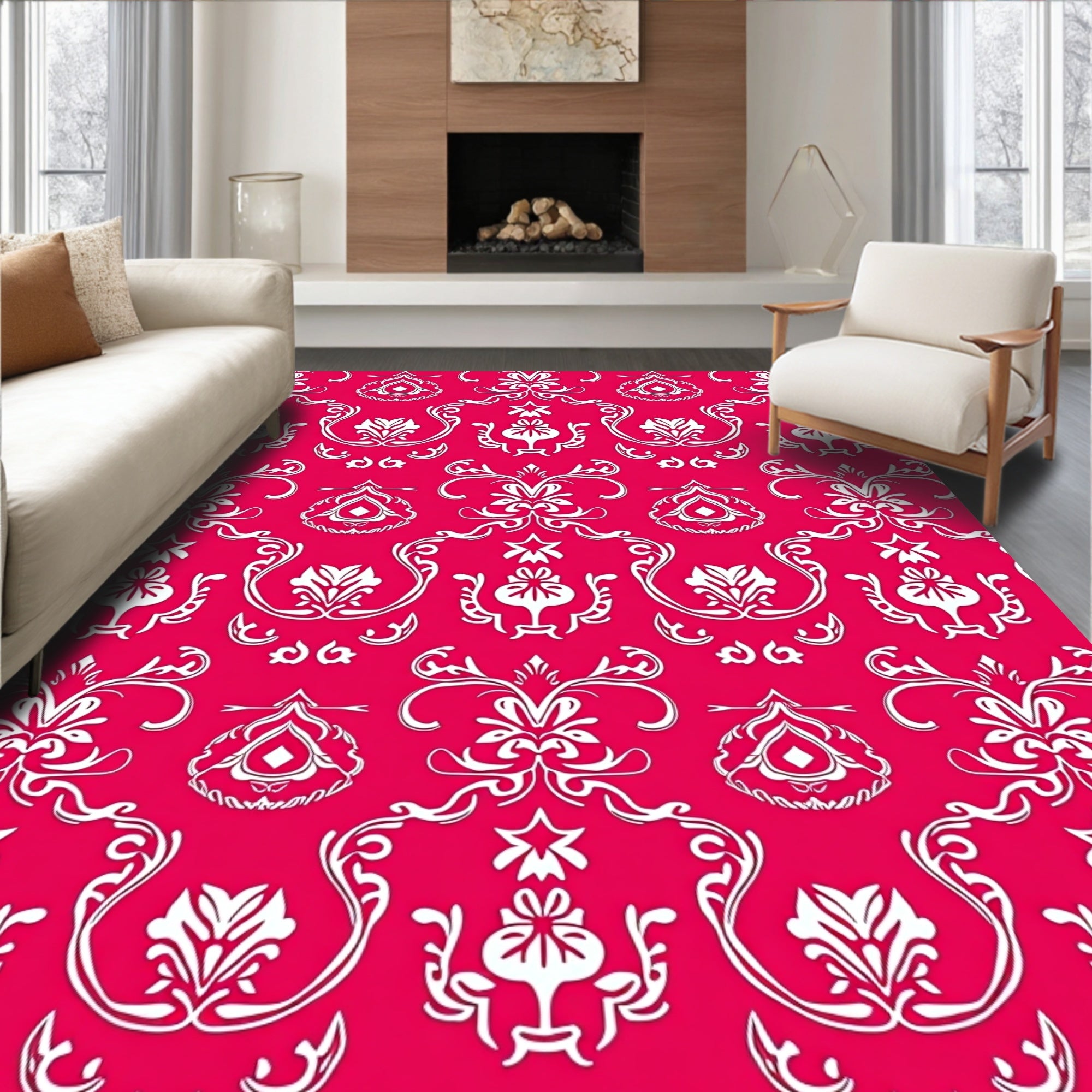 Elaborate Floral Damask Red White Rug