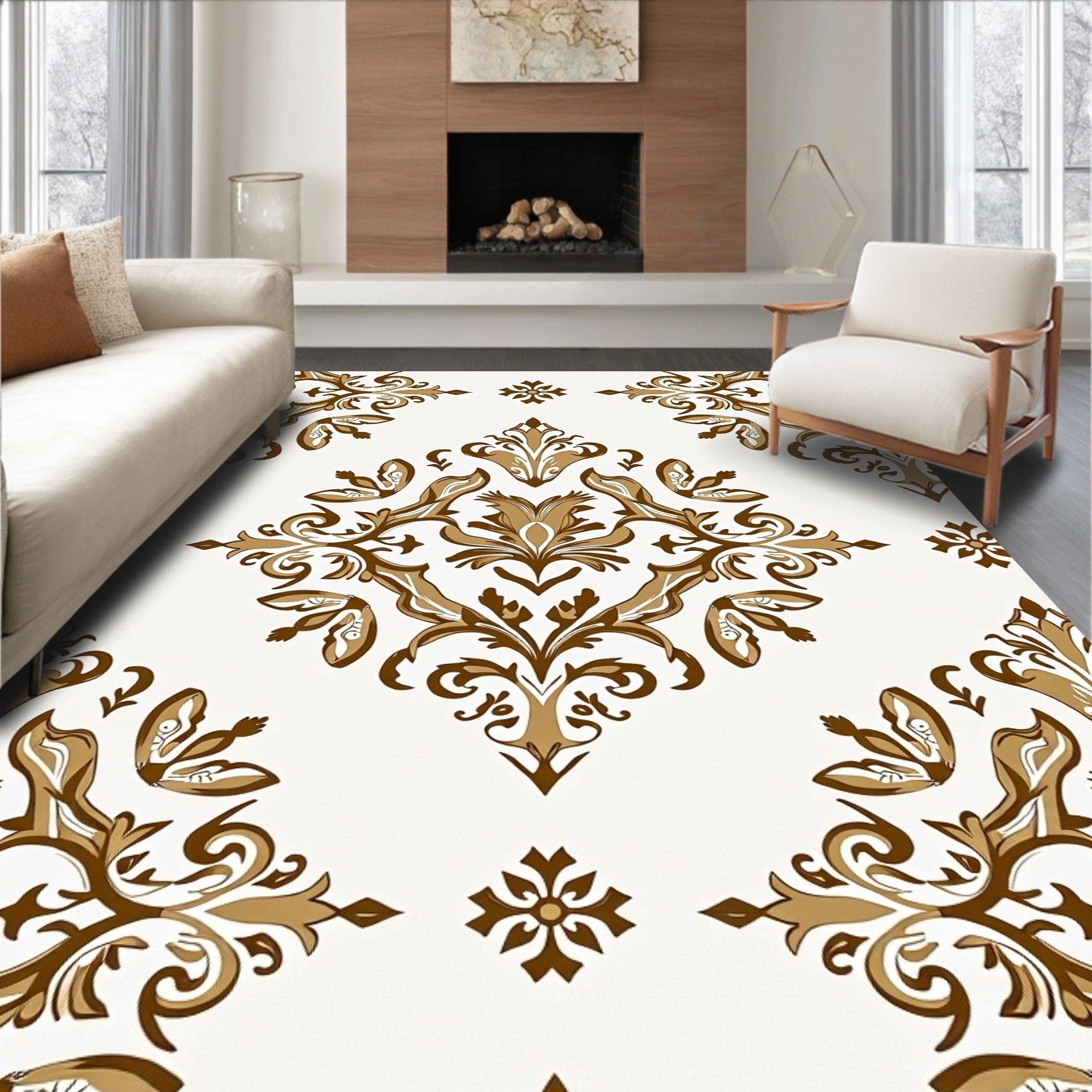 Elegant Golden Brown Damask Floral Design Rug