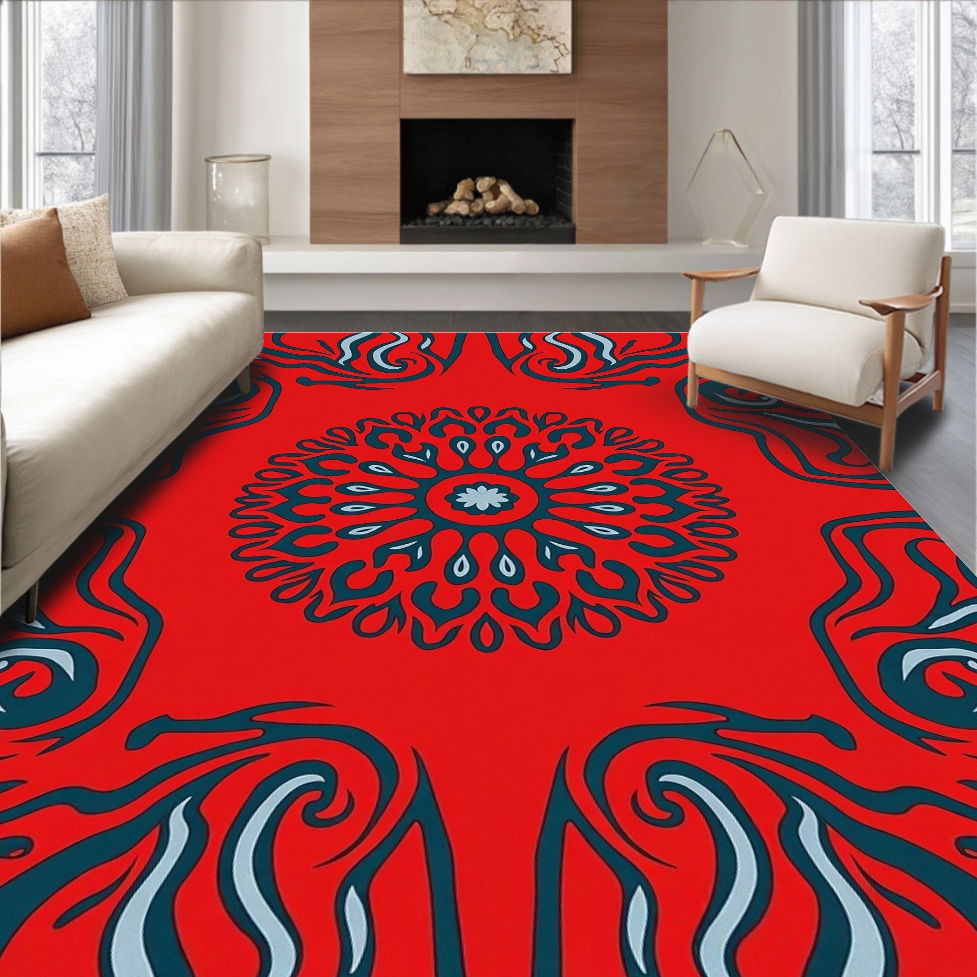 Bold Red Teal Swirl Mandala Rug