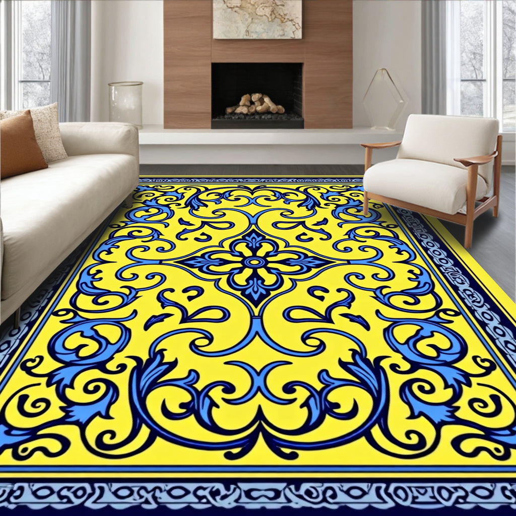 Bright Yellow Blue Floral Medallion Rug