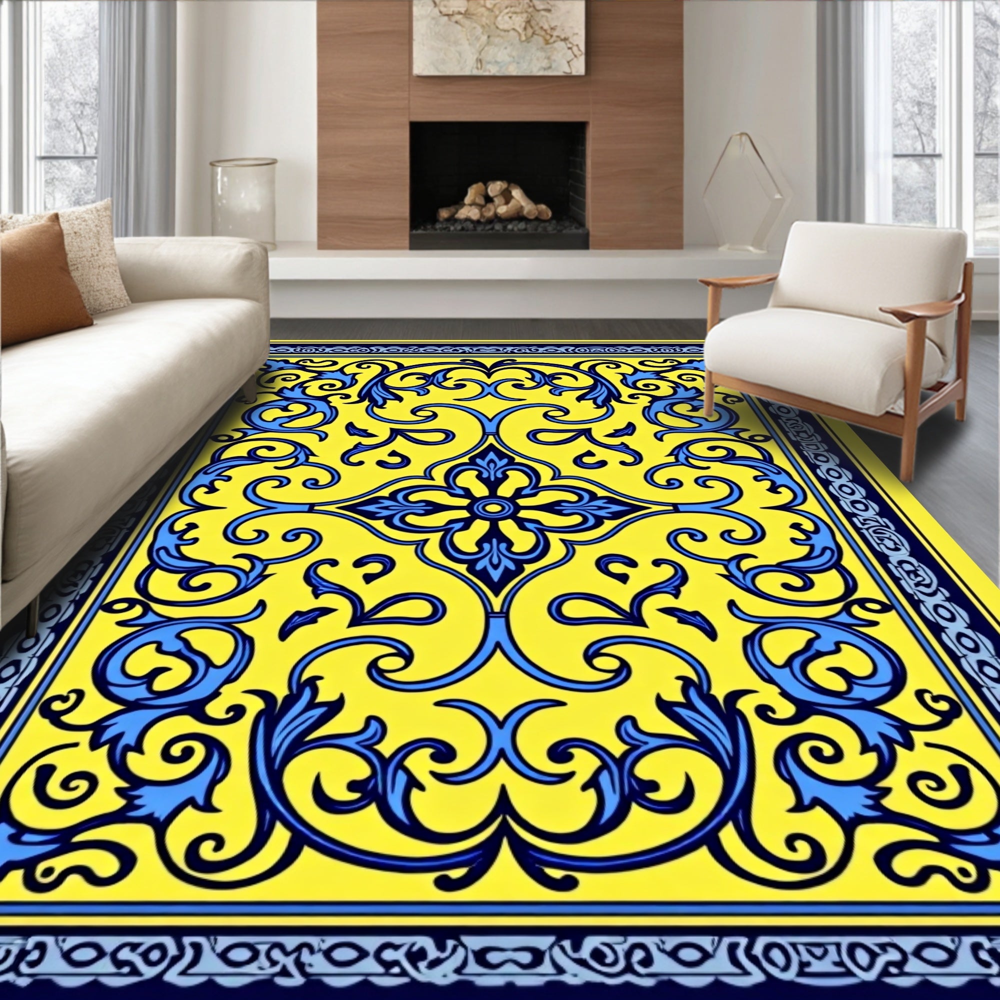 Bright Yellow Blue Floral Medallion Rug