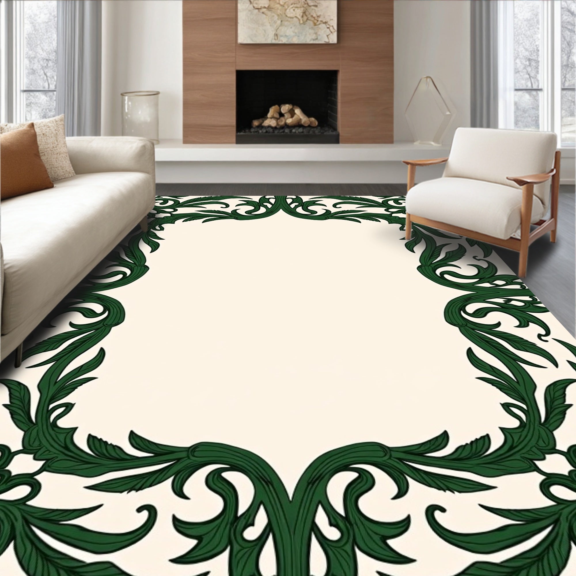 Elegant Green Swirl Floral Pattern Rug