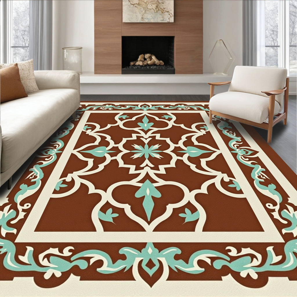 Ornate Geometric Teal Brown Rug