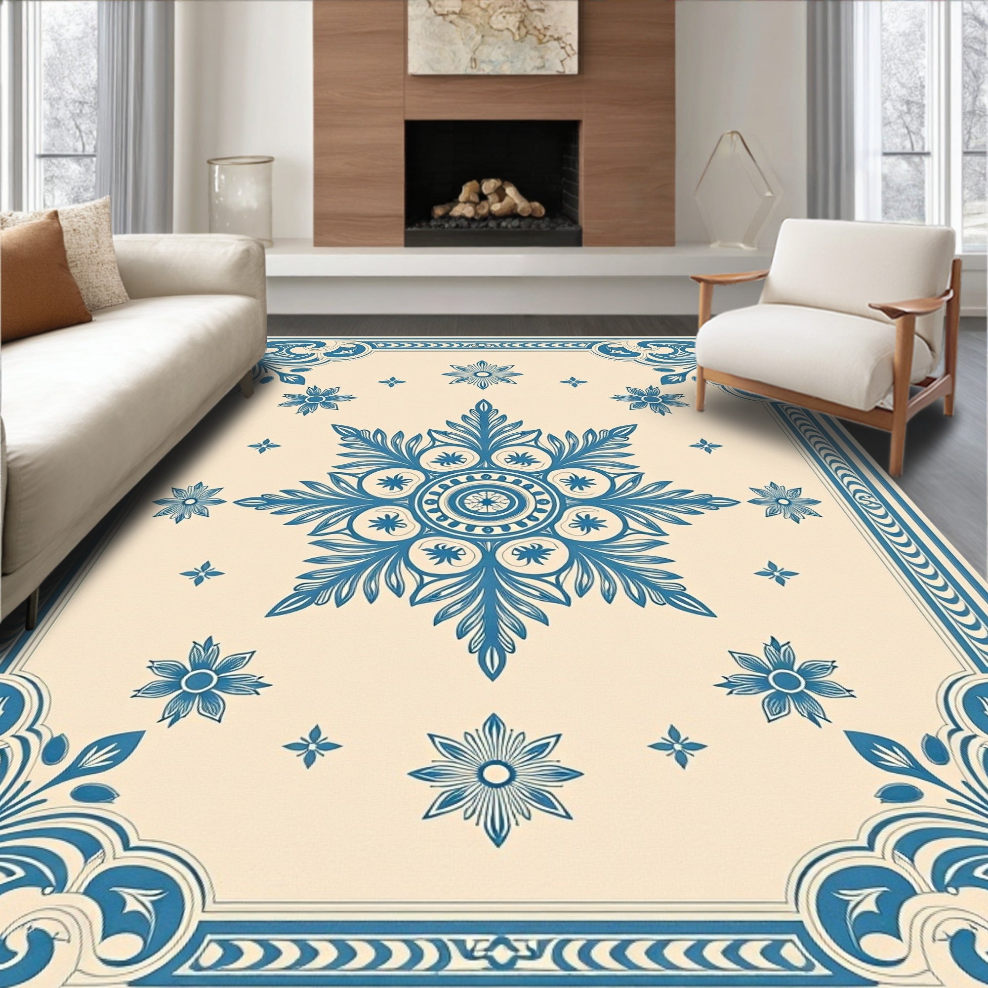 Ornate Blue Floral Mandala Pattern Rug