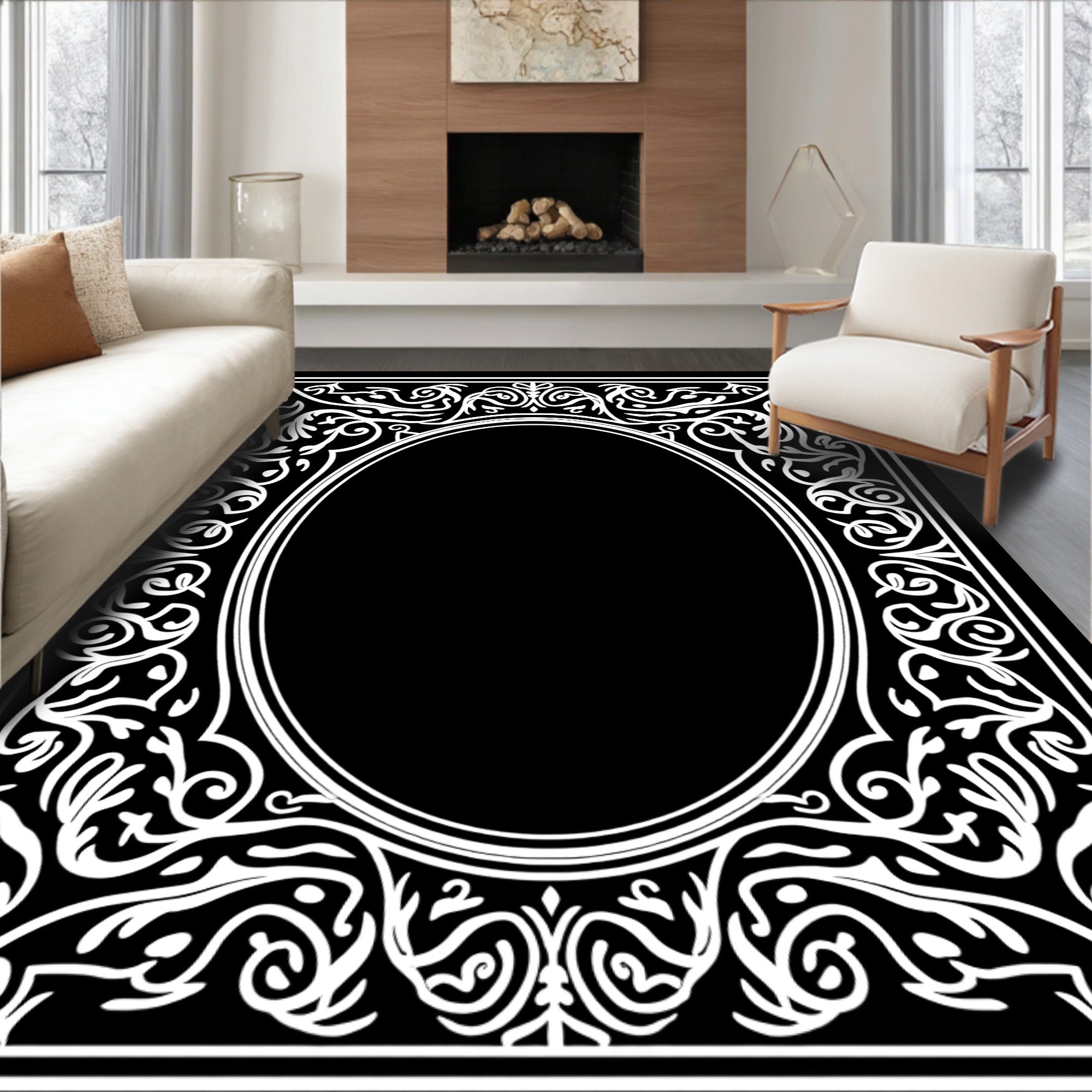 Ornate Black White Floral Scroll Rug