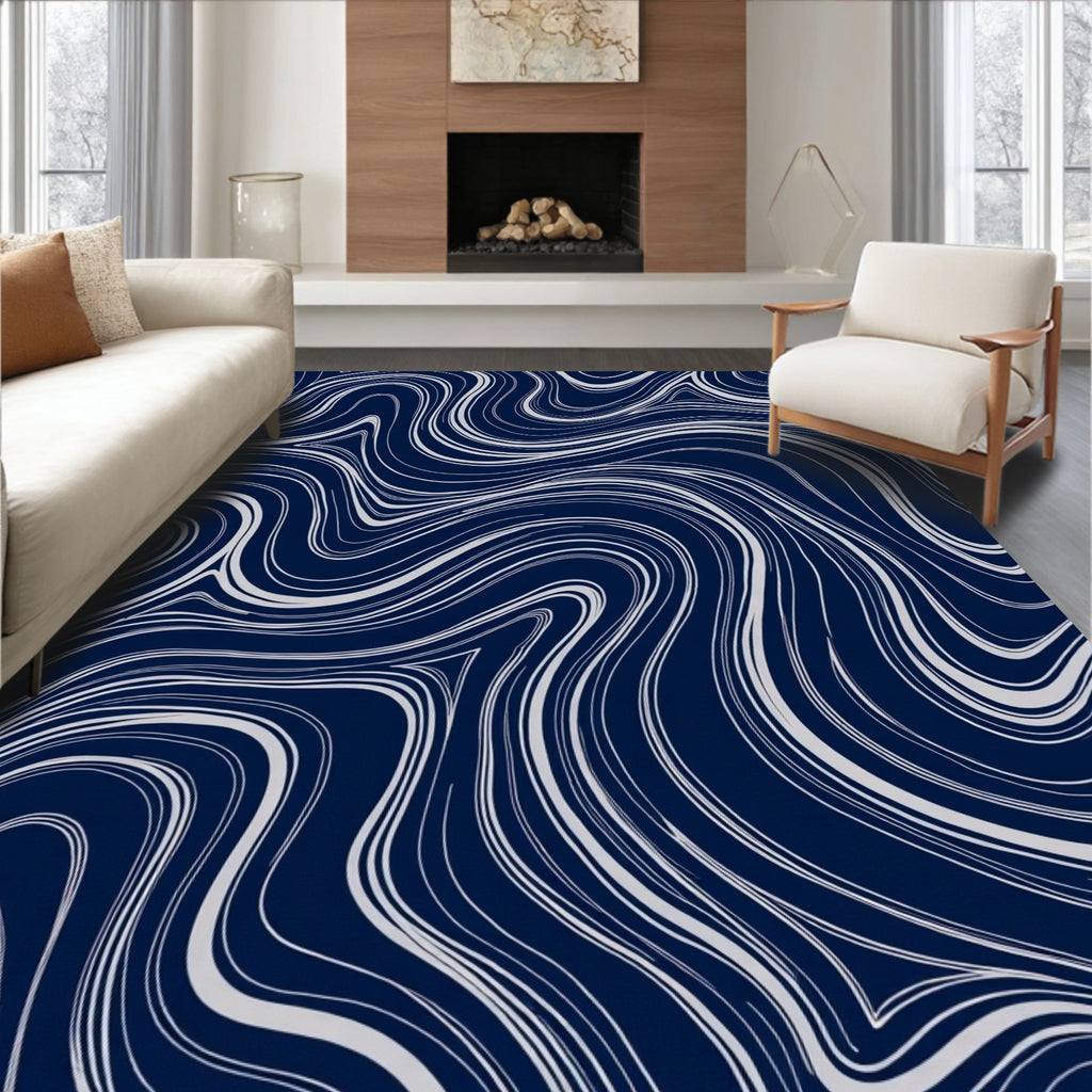Navy White Flowing Organic Waves Rug