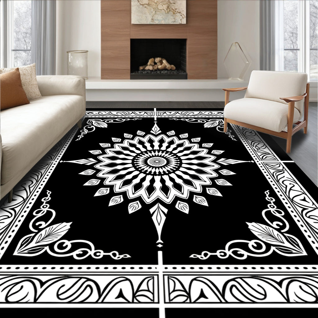 Intricate Black White Mandala Pattern Rug