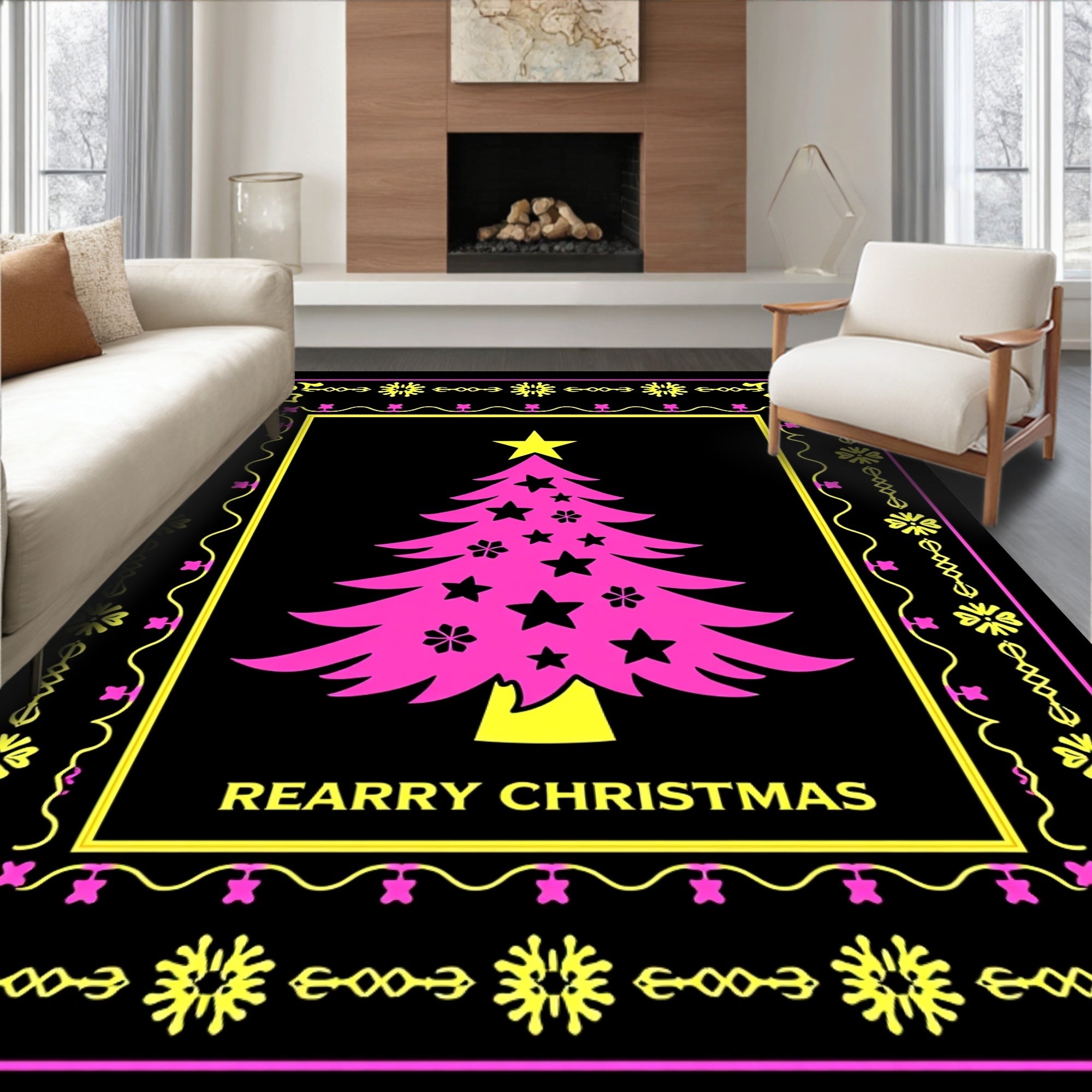 Pink Christmas Tree Geometric Border Rug
