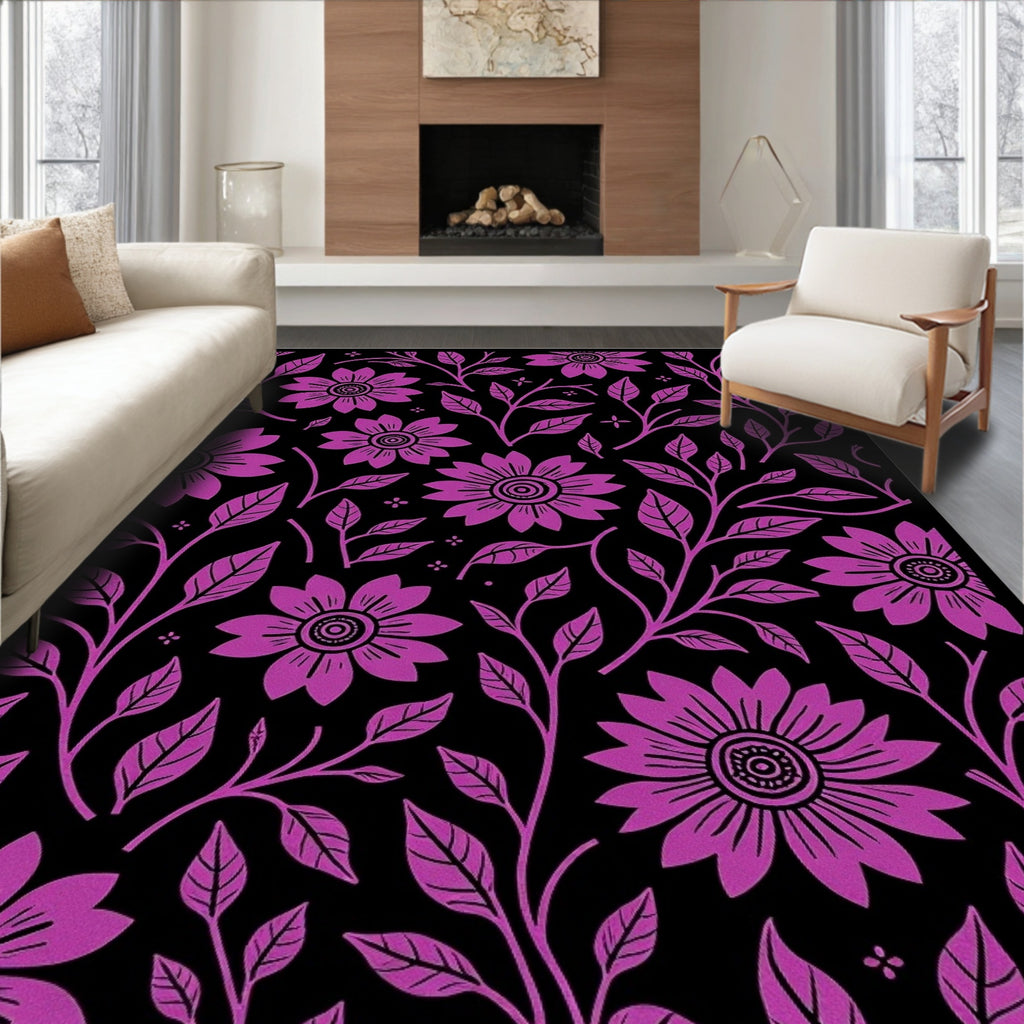 Floral Vines Pattern With Purple Flowers Rug