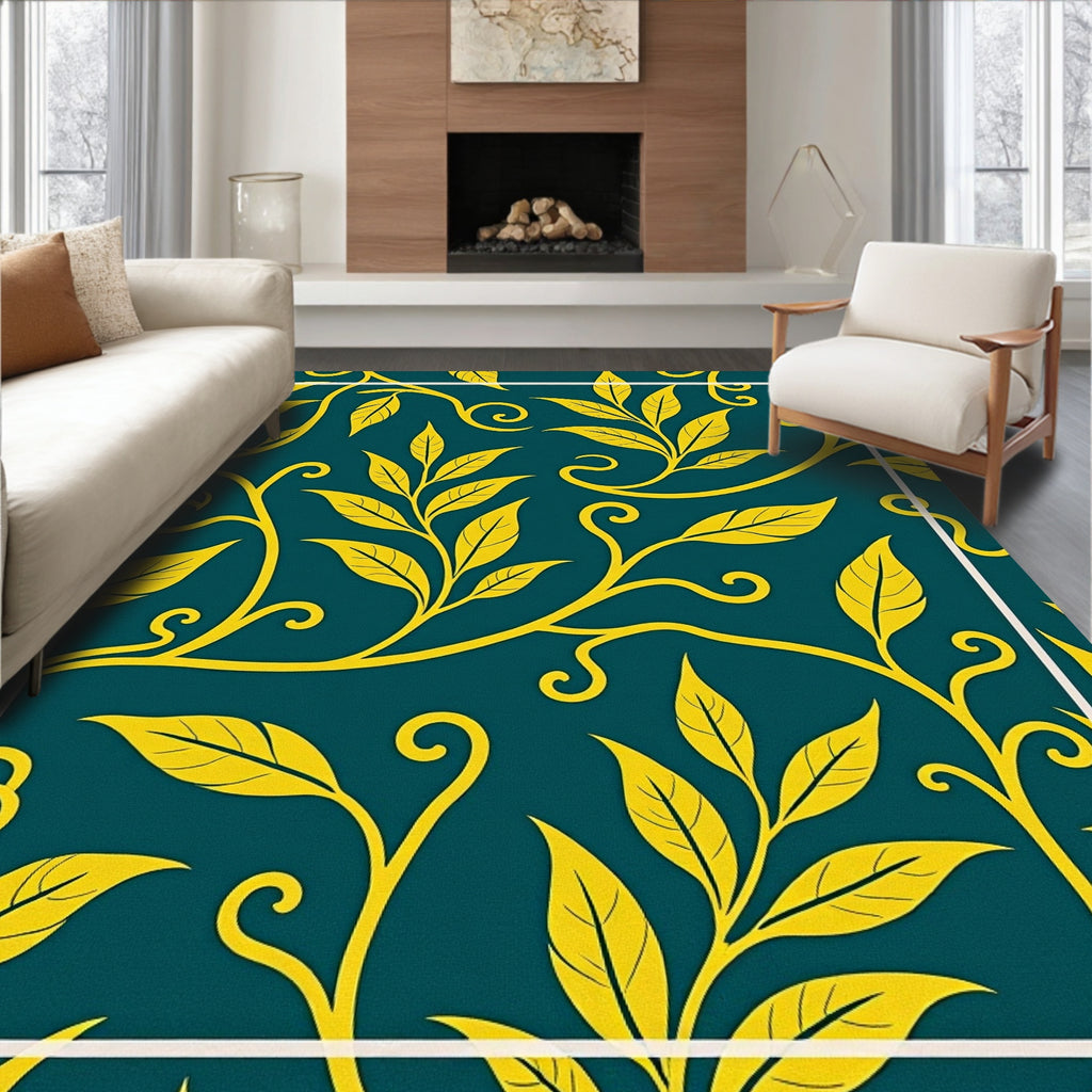 Yellow Vine Pattern On Teal Background Rug