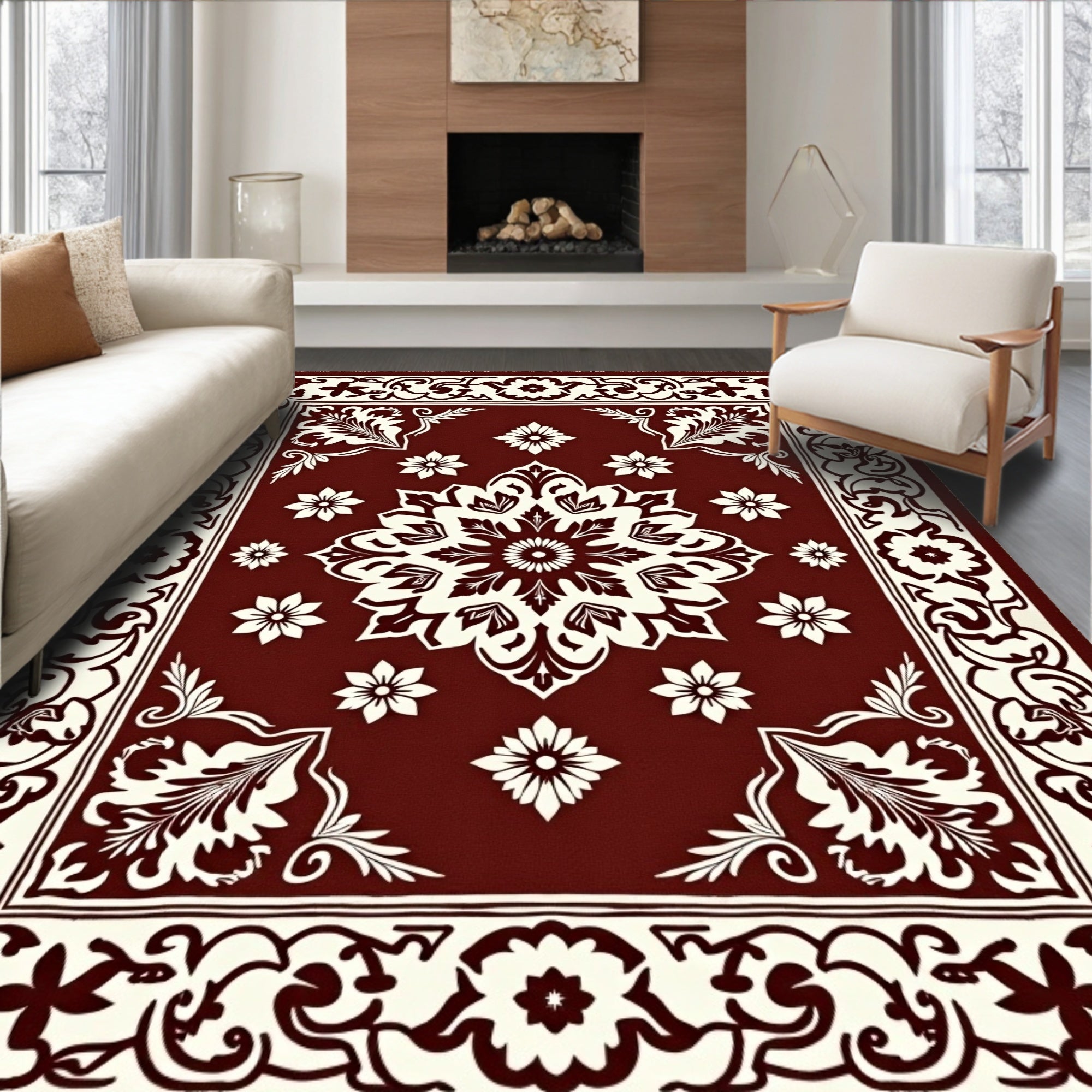 Rich Red Floral Medallion Pattern Rug