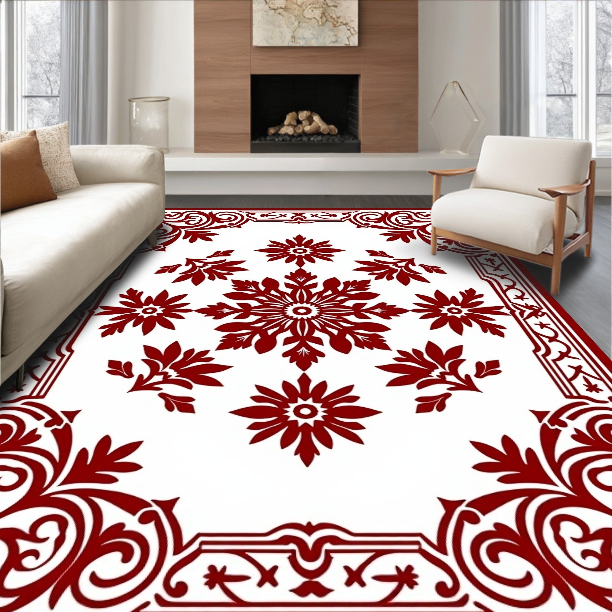 Statement Red Floral Medallion Border Rug