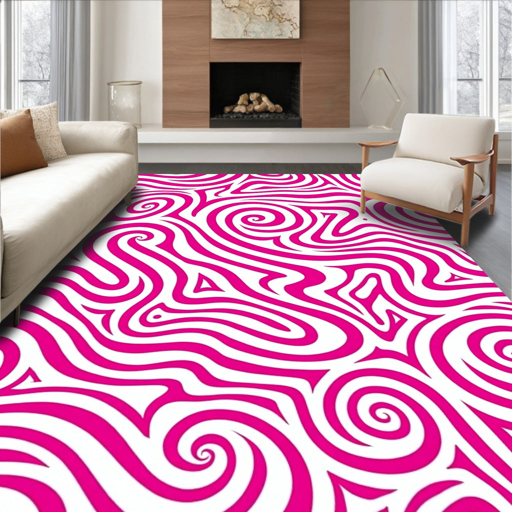 Pink White Swirling Waves Rug