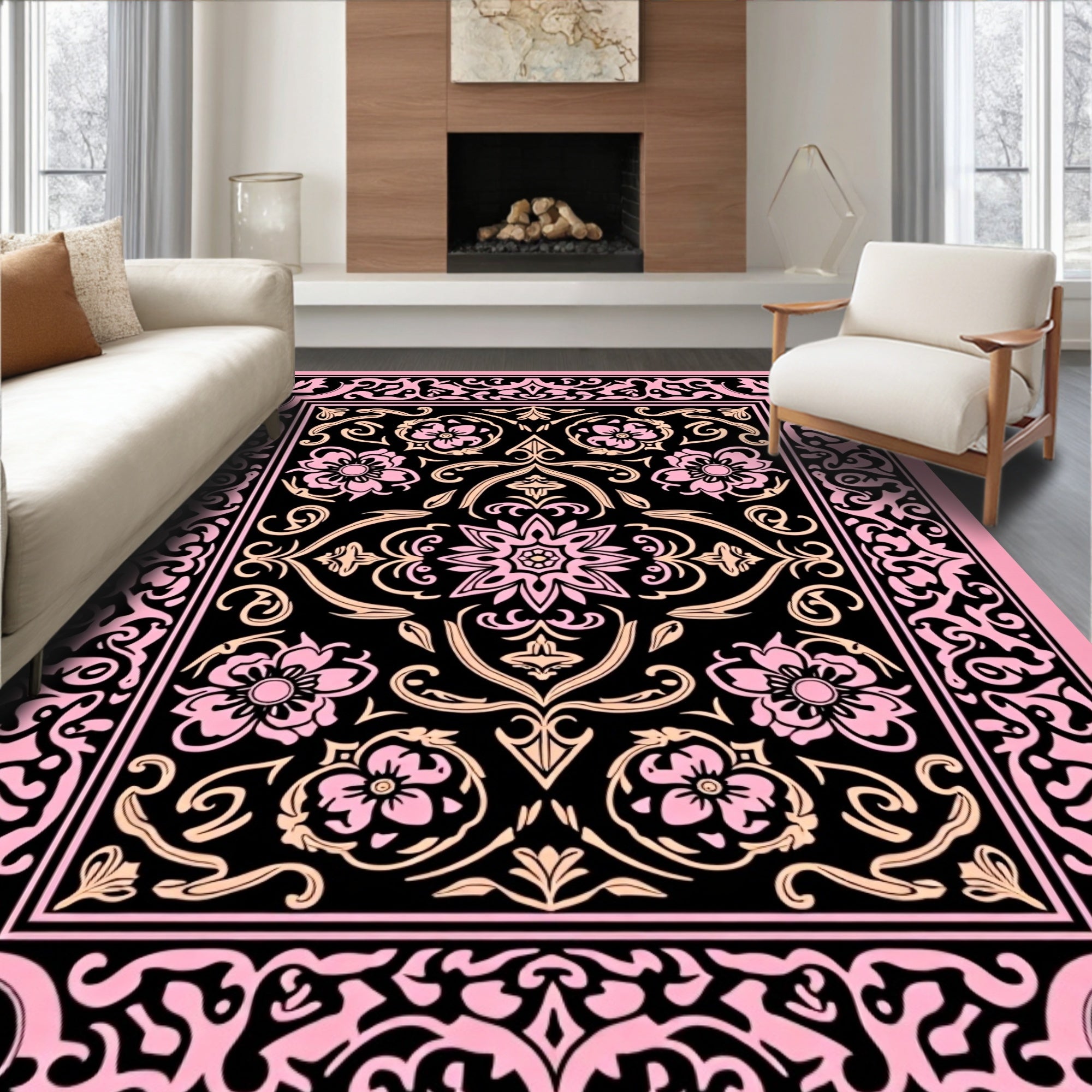 Pink With Black Floral Medallion Rug