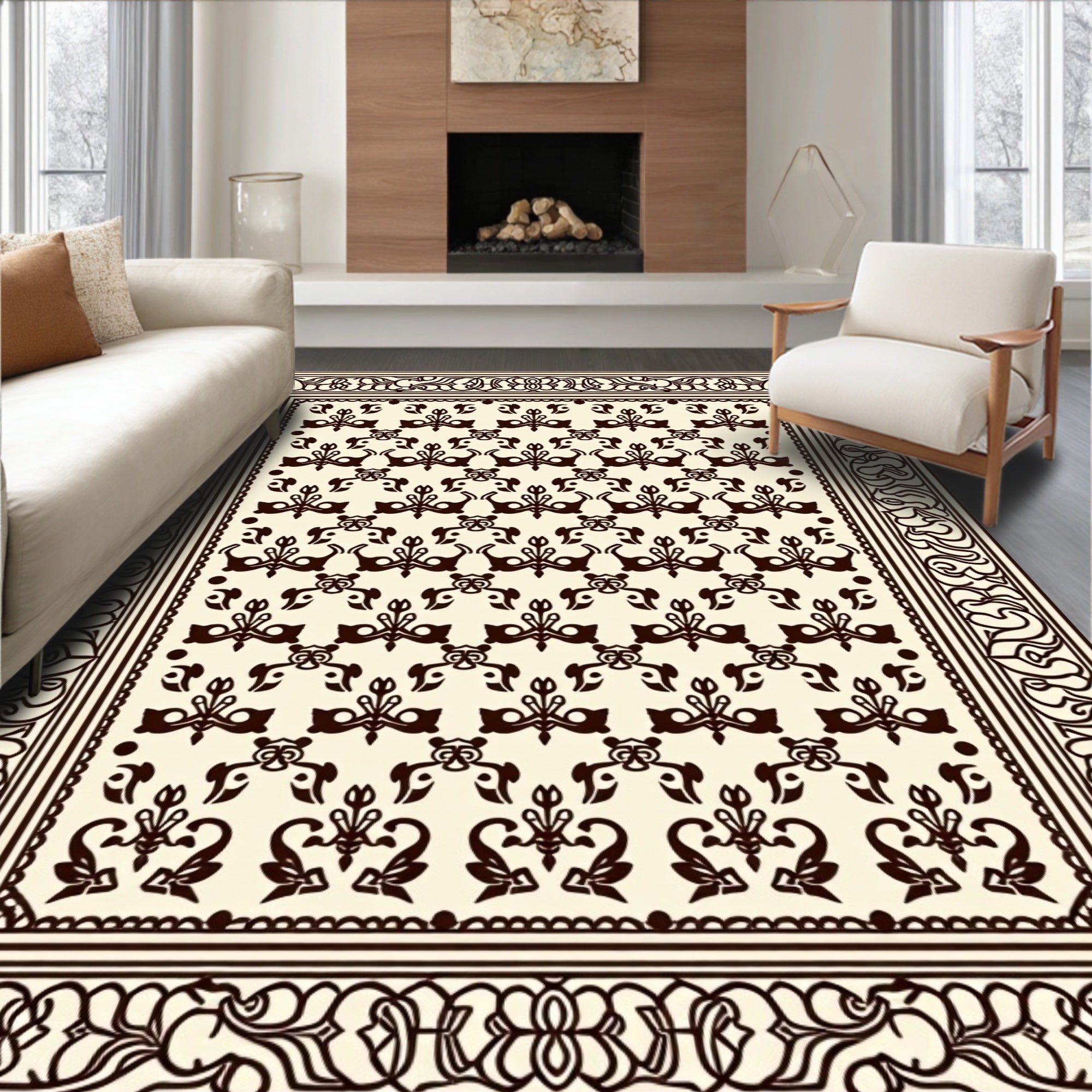 Dark Brown Classic Floral Pattern Rug