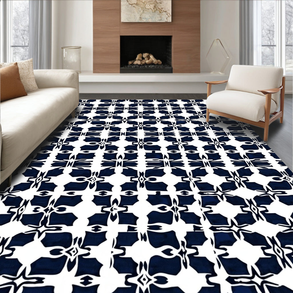 Classic Indigo Abstract Geometric Pattern Rug