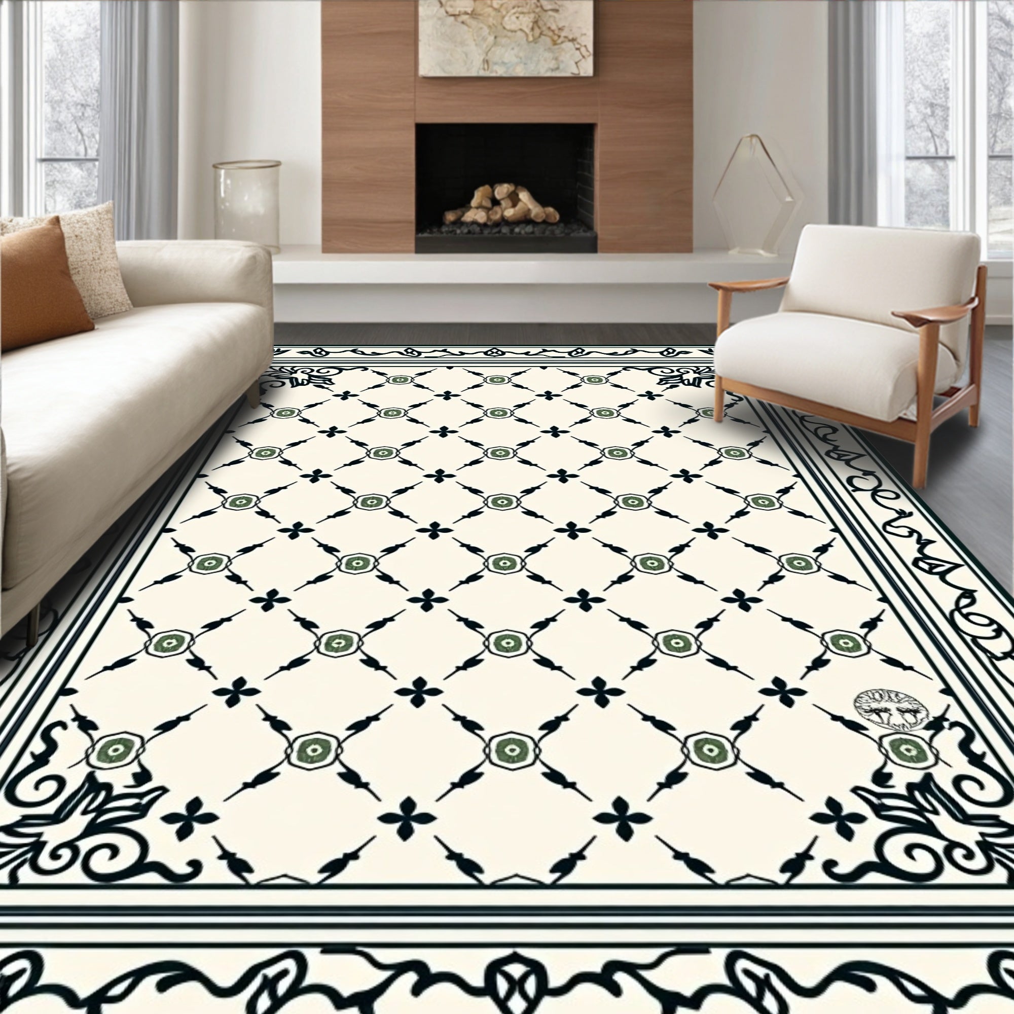 Classic Green Floral Lattice Pattern Rug