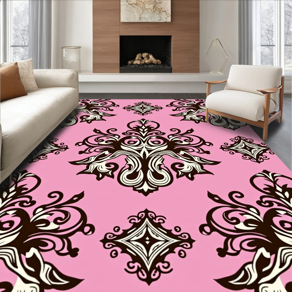 Elegant Damask Floral Pattern With Pink Background Rug