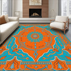 Symmetrical Orange and Teal Floral Medallion Rug