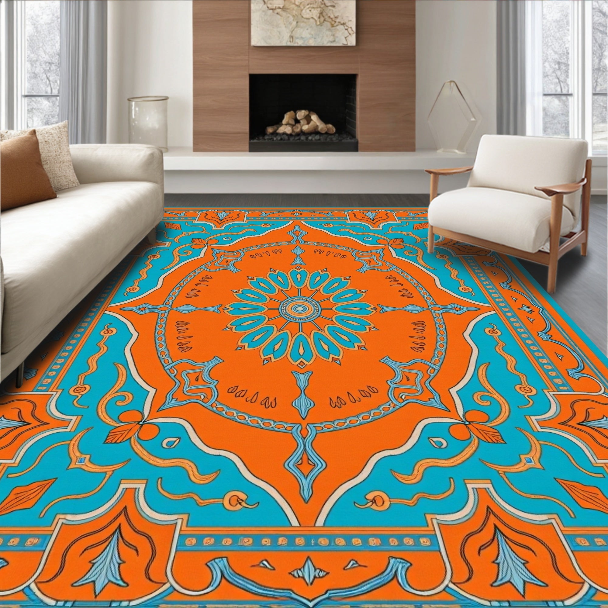 Symmetrical Orange and Teal Floral Medallion Rug