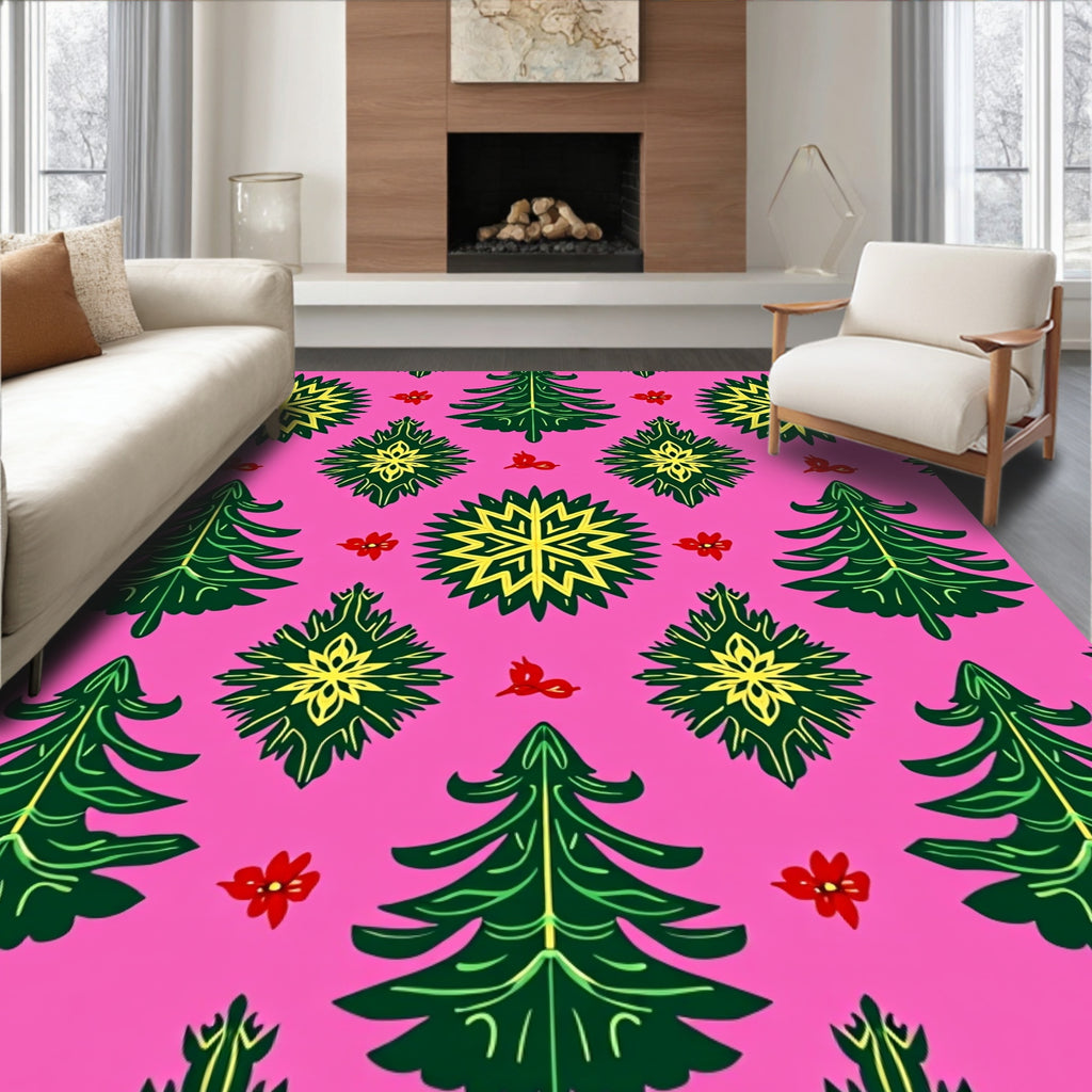 Pink Green Yellow Festive Trees Rug
