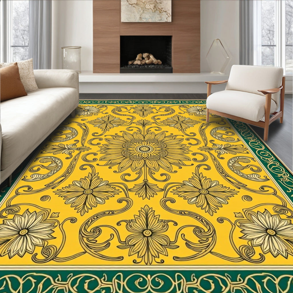 Golden Floral Swirls Pattern Rug