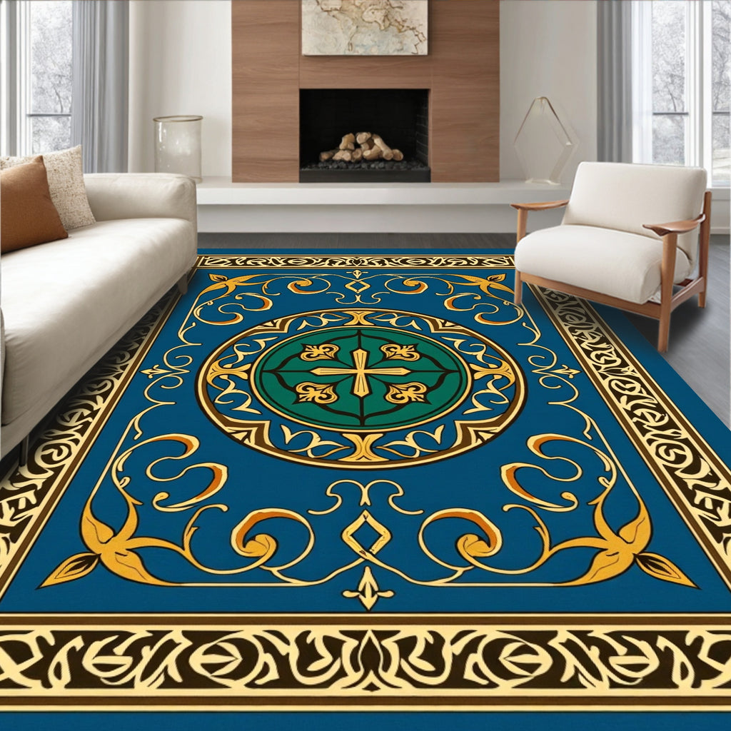 Ornate Blue Gold Interlocking Pattern Rug