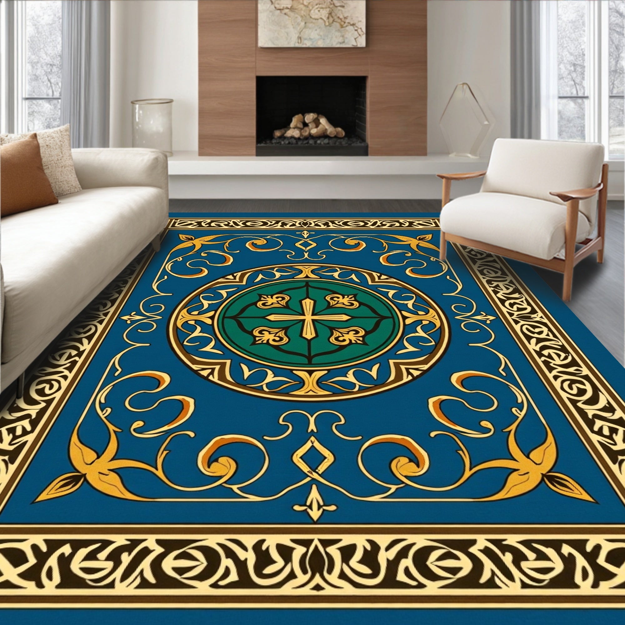 Ornate Blue Gold Interlocking Pattern Rug