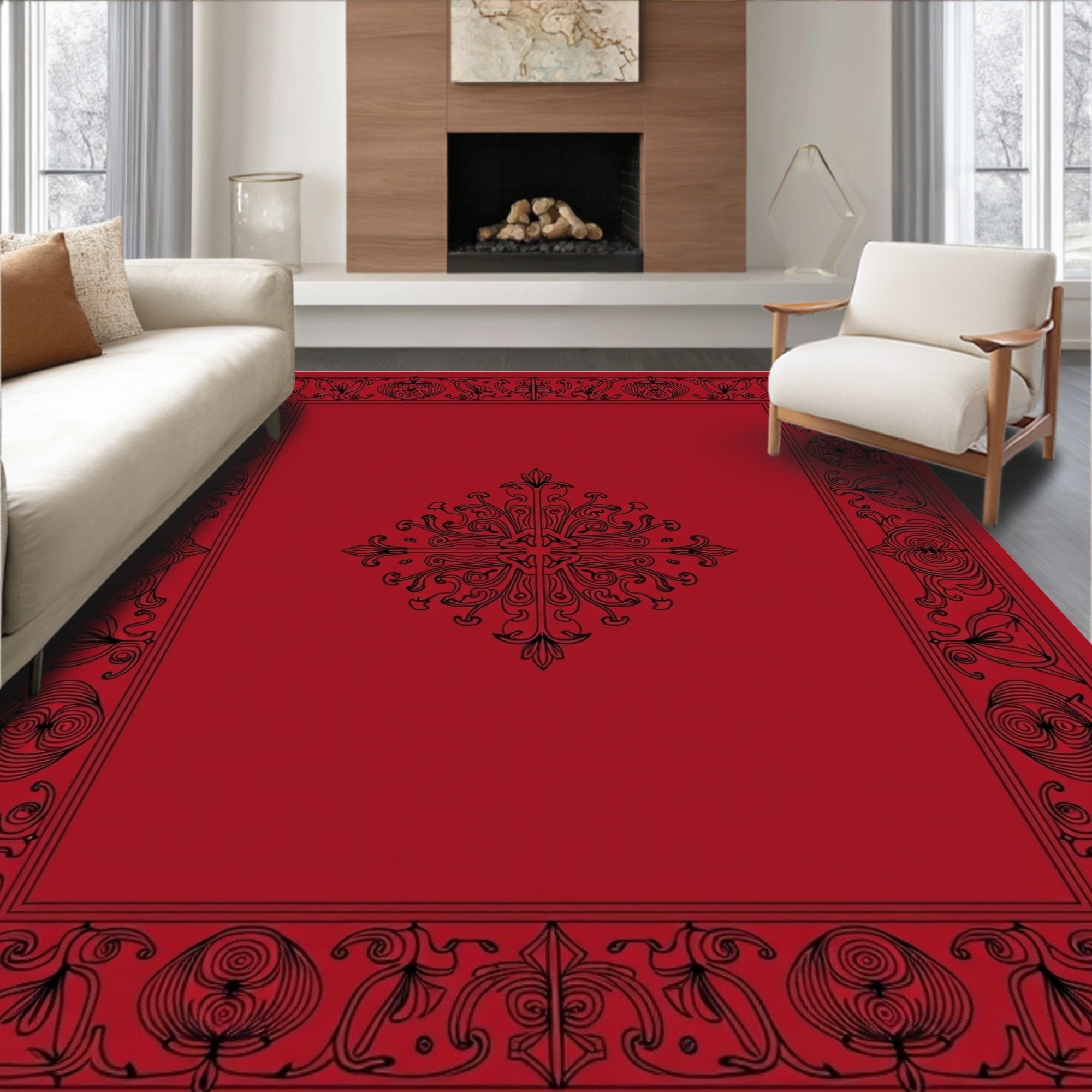 Elaborate Black Border Red Center Design Rug