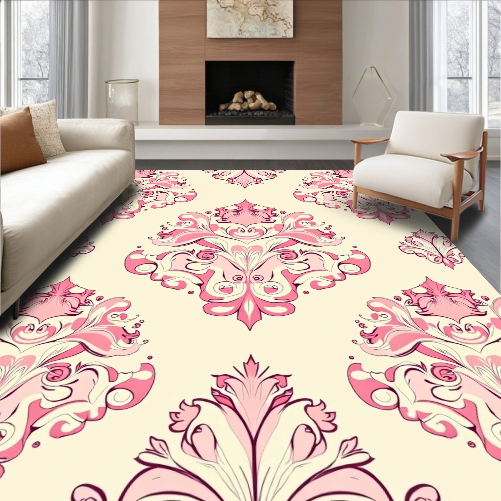 Pink Floral Damask Pattern Rug