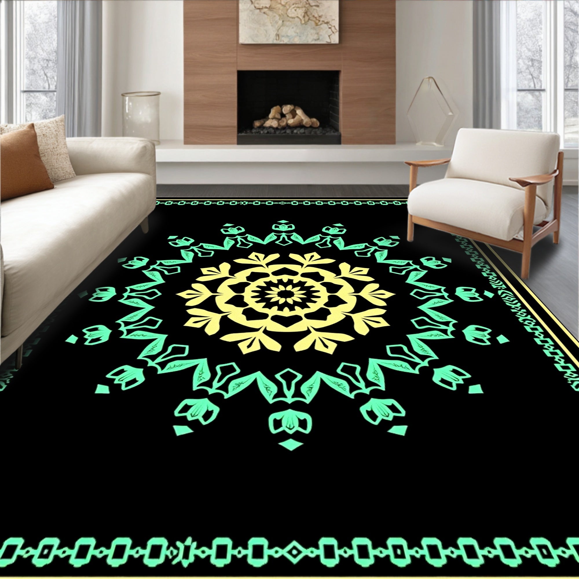Mandala Yellow Mint Border Rug