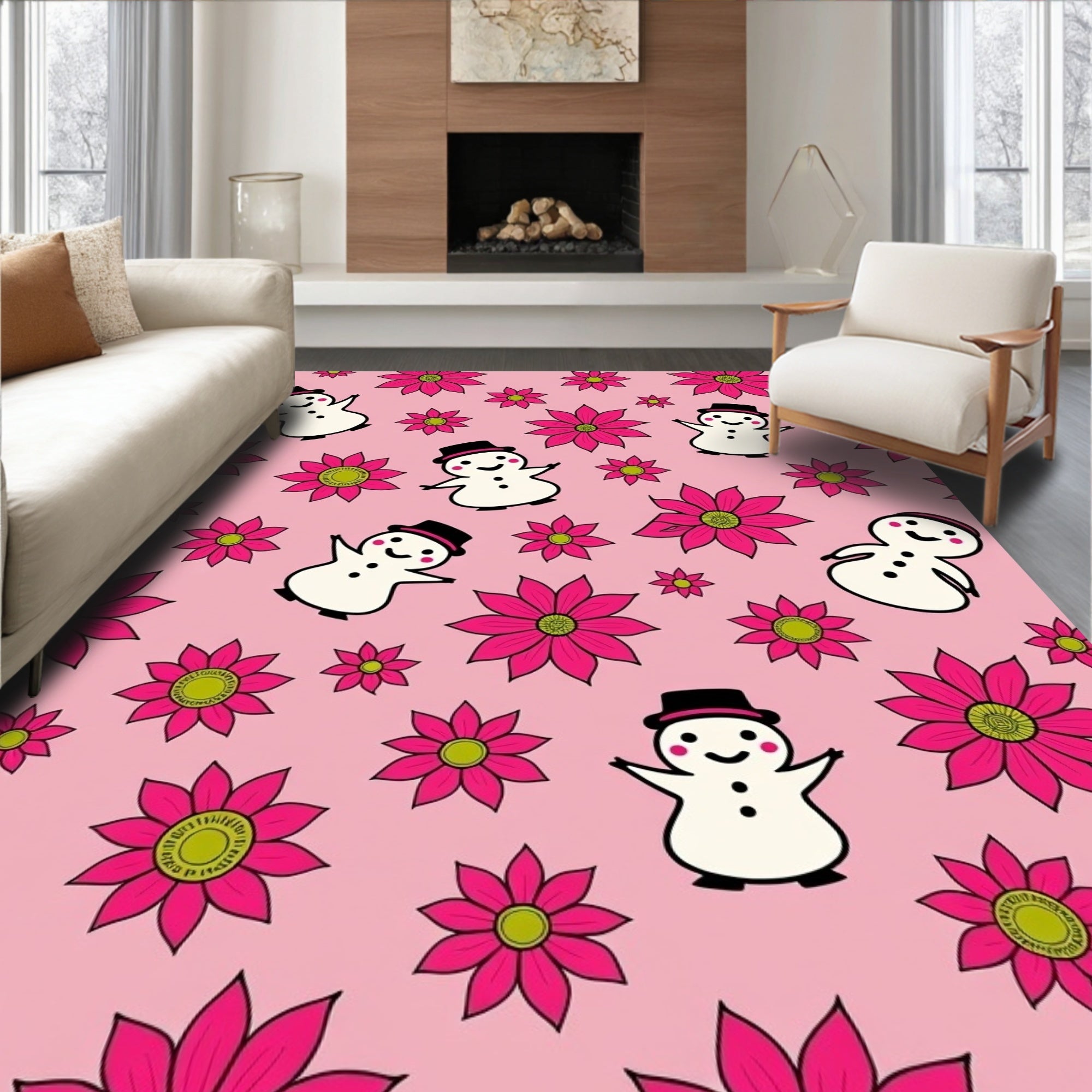 Pink Snowman Flower Meadow Rug