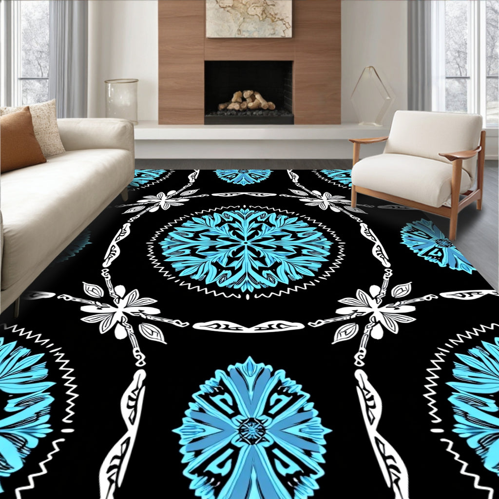 Bold Cyan Floral Medallion Rug